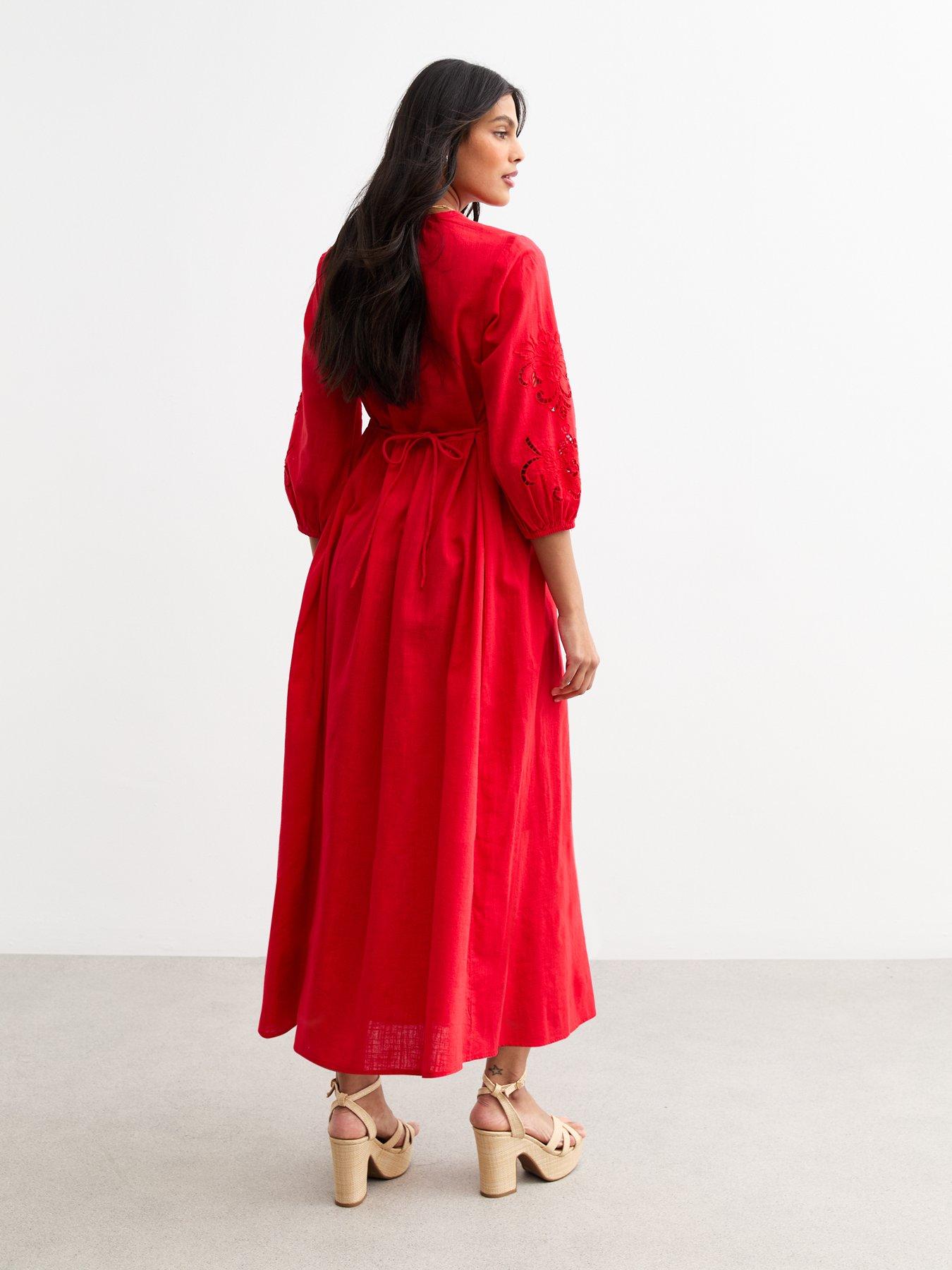 Image 2 of 5 of New Look Red Broderie Anglaise Sleeve Smock Midi Dress