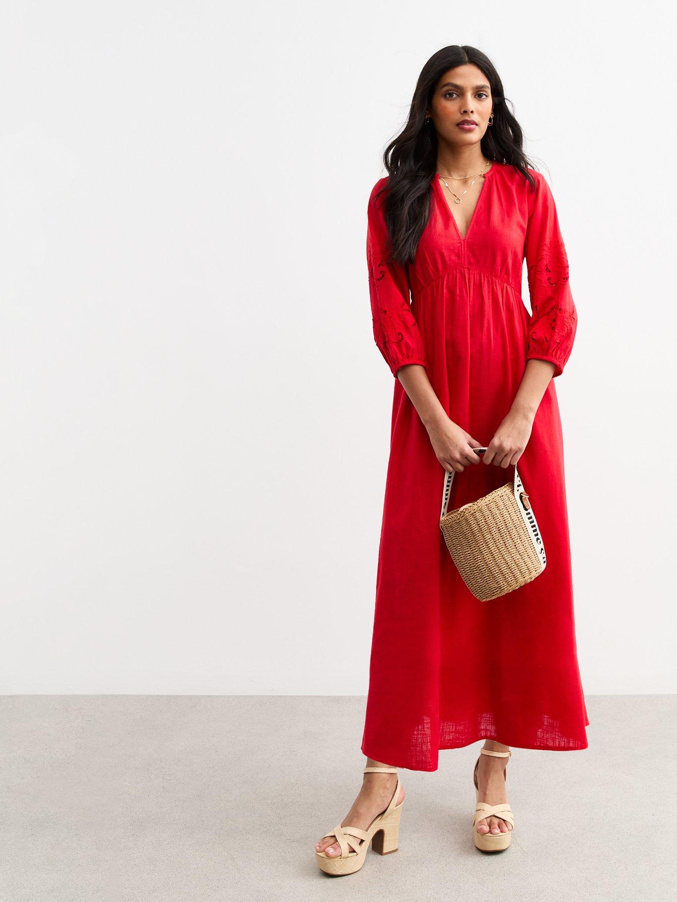 Image 3 of 5 of New Look Red Broderie Anglaise Sleeve Smock Midi Dress