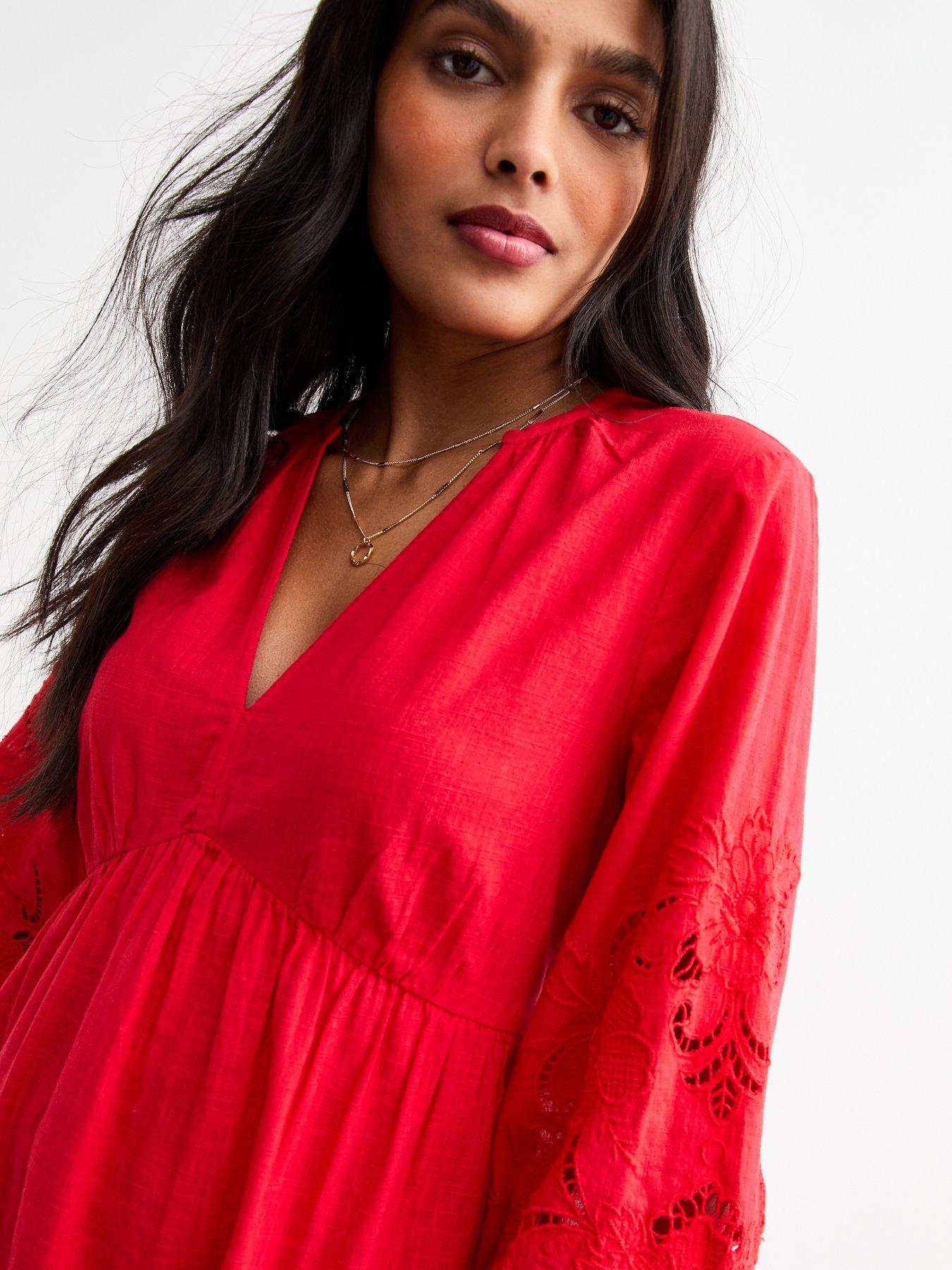 Image 4 of 5 of New Look Red Broderie Anglaise Sleeve Smock Midi Dress