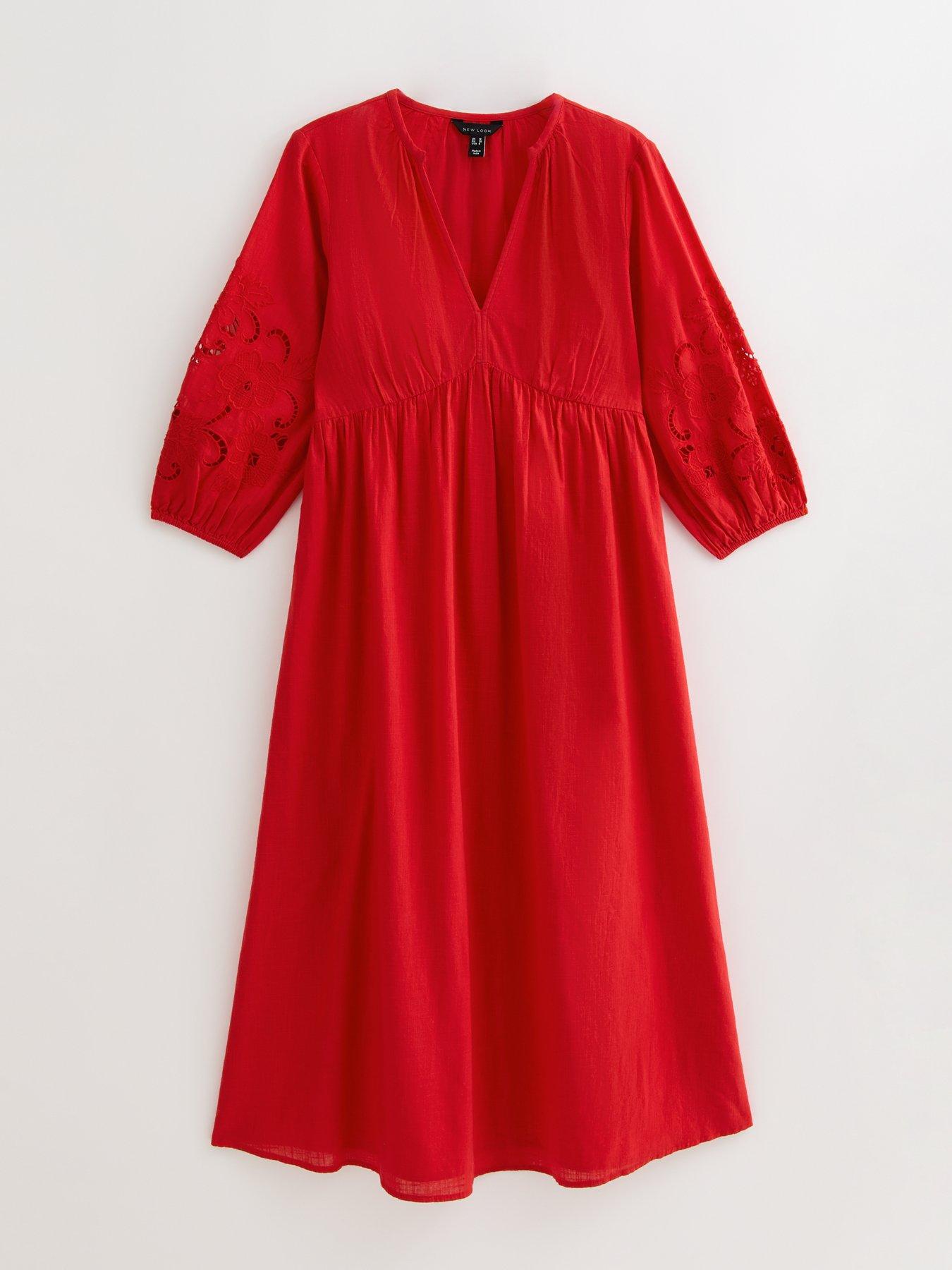 Image 5 of 5 of New Look Red Broderie Anglaise Sleeve Smock Midi Dress