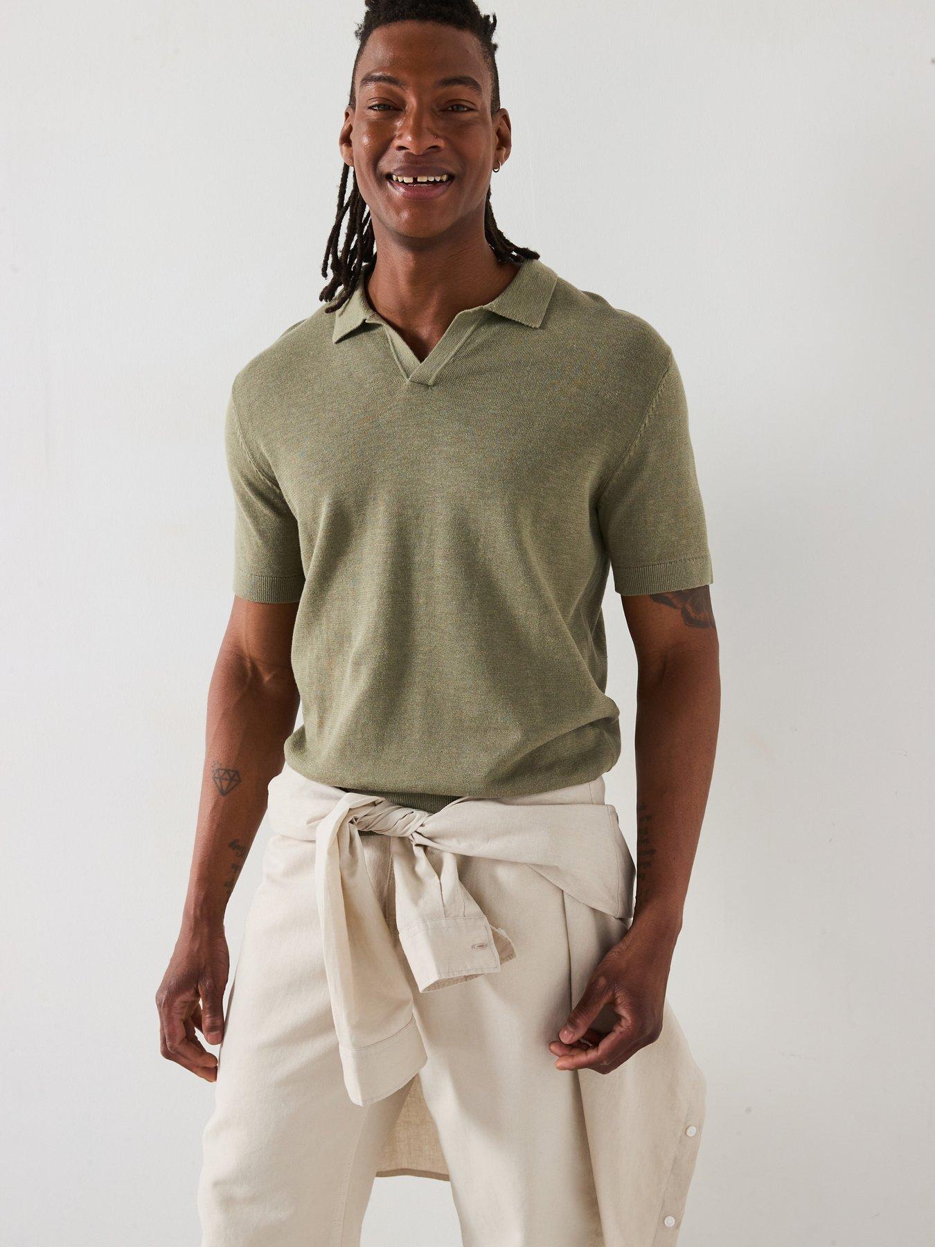undefined Mattis Short Sleeve Open Collar Knitted Polo - Light Khaki