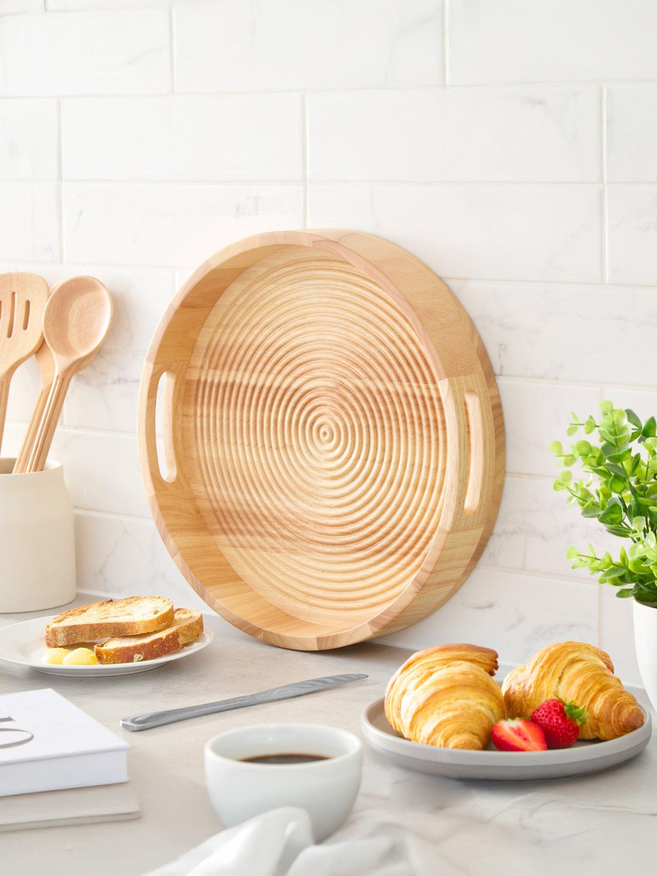 Image 1 of 7 of Sur La Table Round Serving Tray with Handles- Hevea Wood