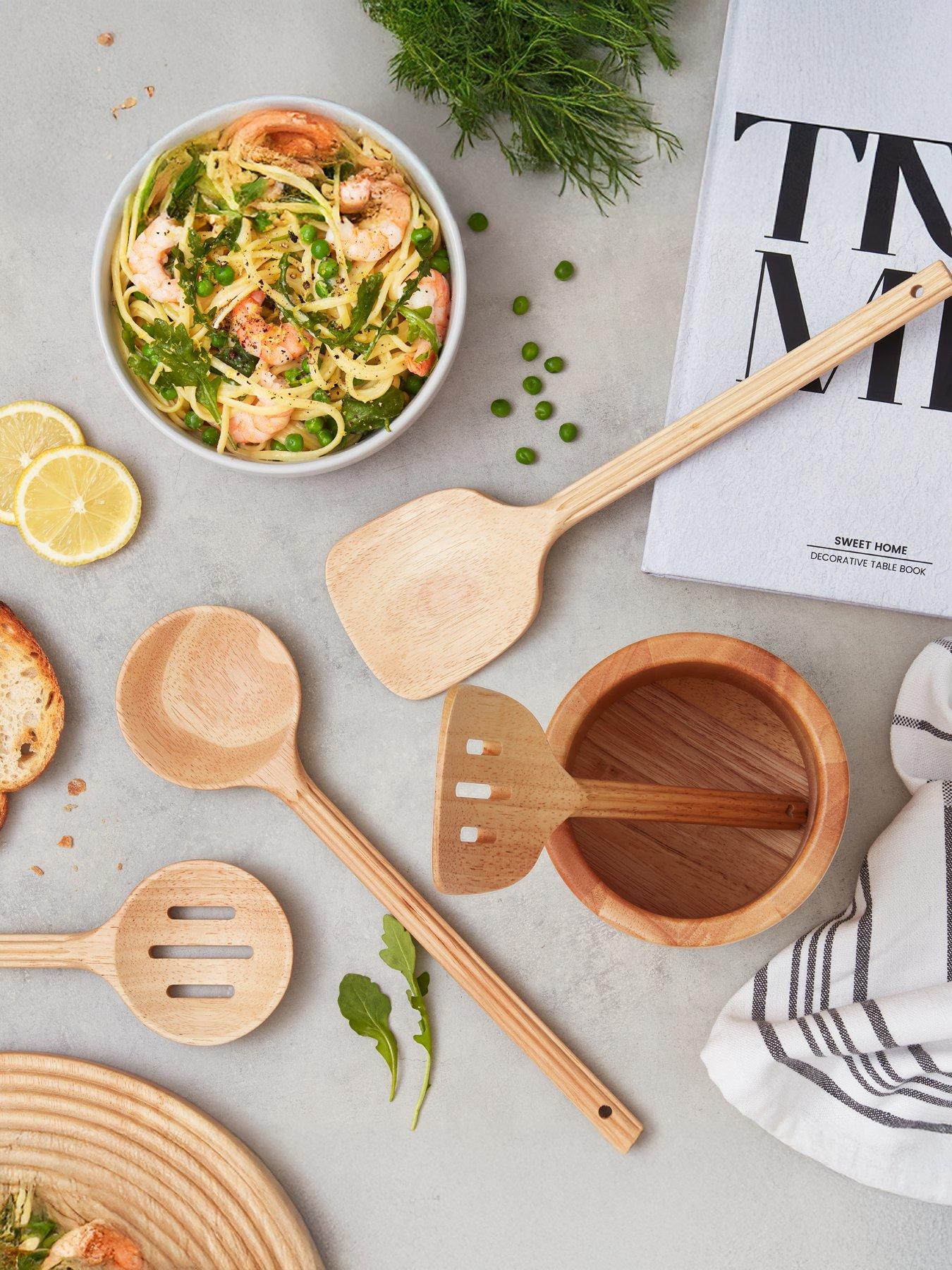 Sur La Table Set of 4 Wooden Utensils Fluted Style Holder