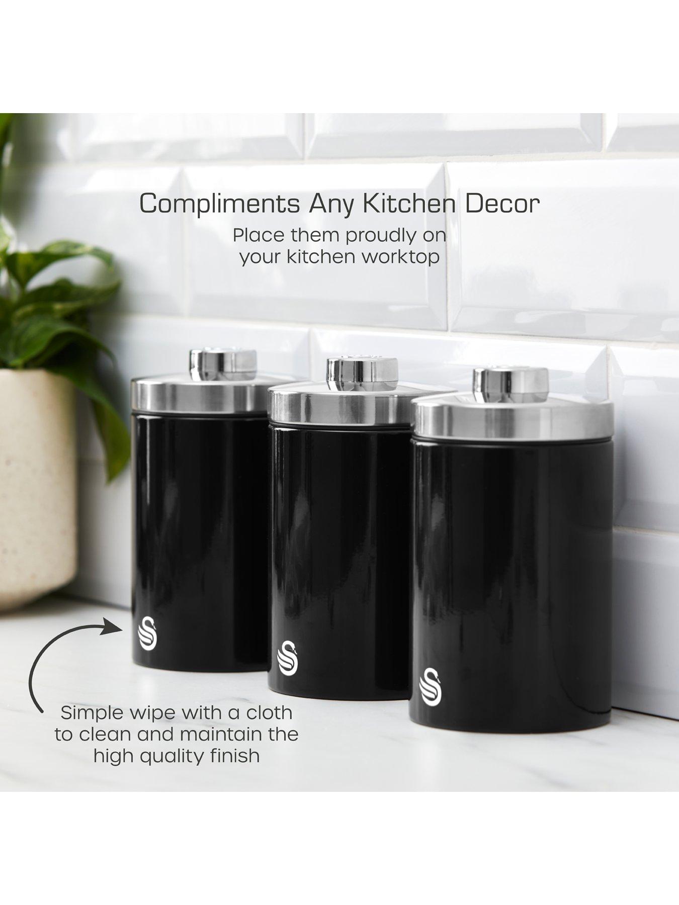 Morphy Richards Black And Chrome Tea Coffee Sugar Canisters Swan