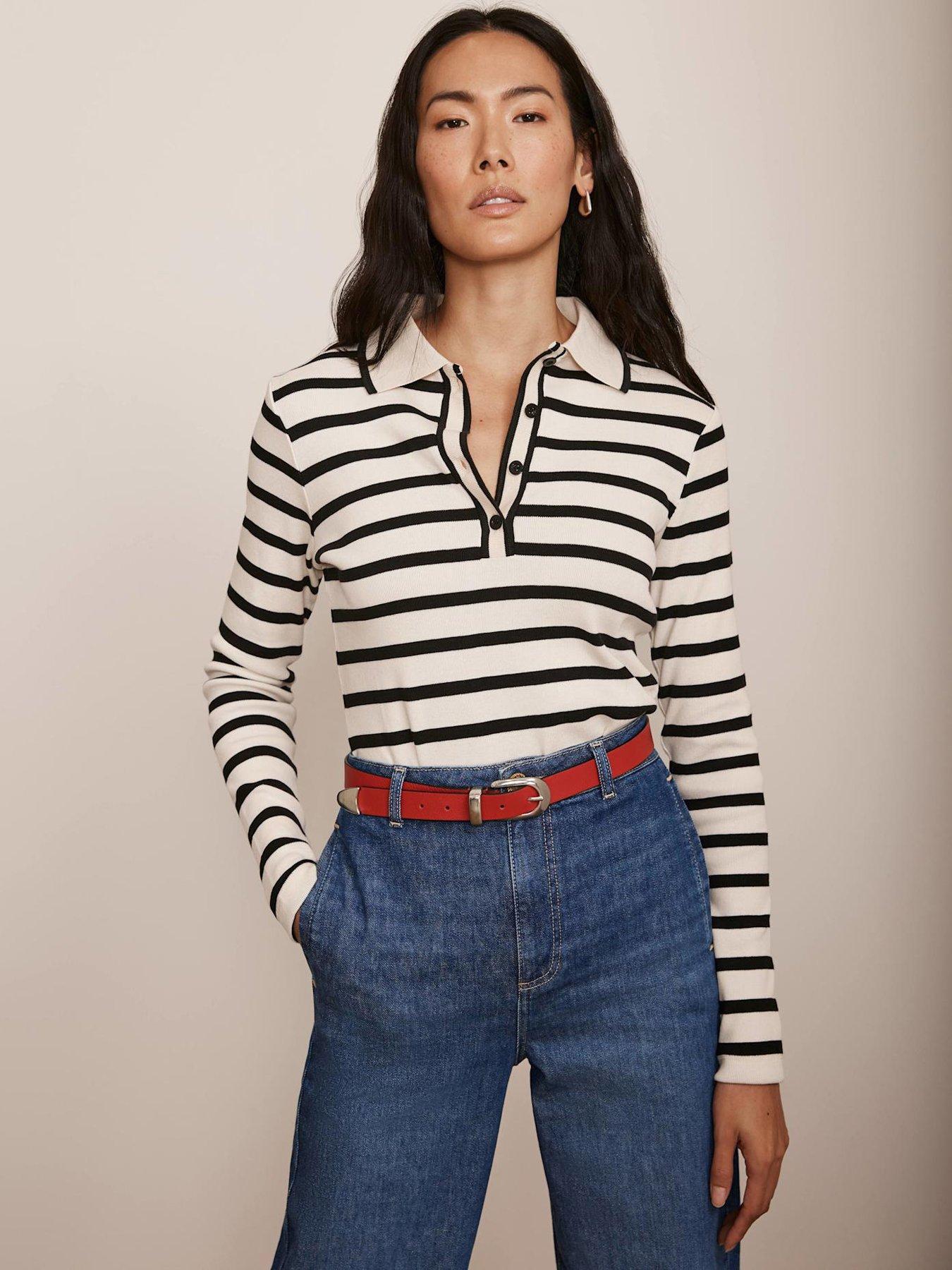 Image of Mint Velvet Neutral Striped Polo Shirt - Beige