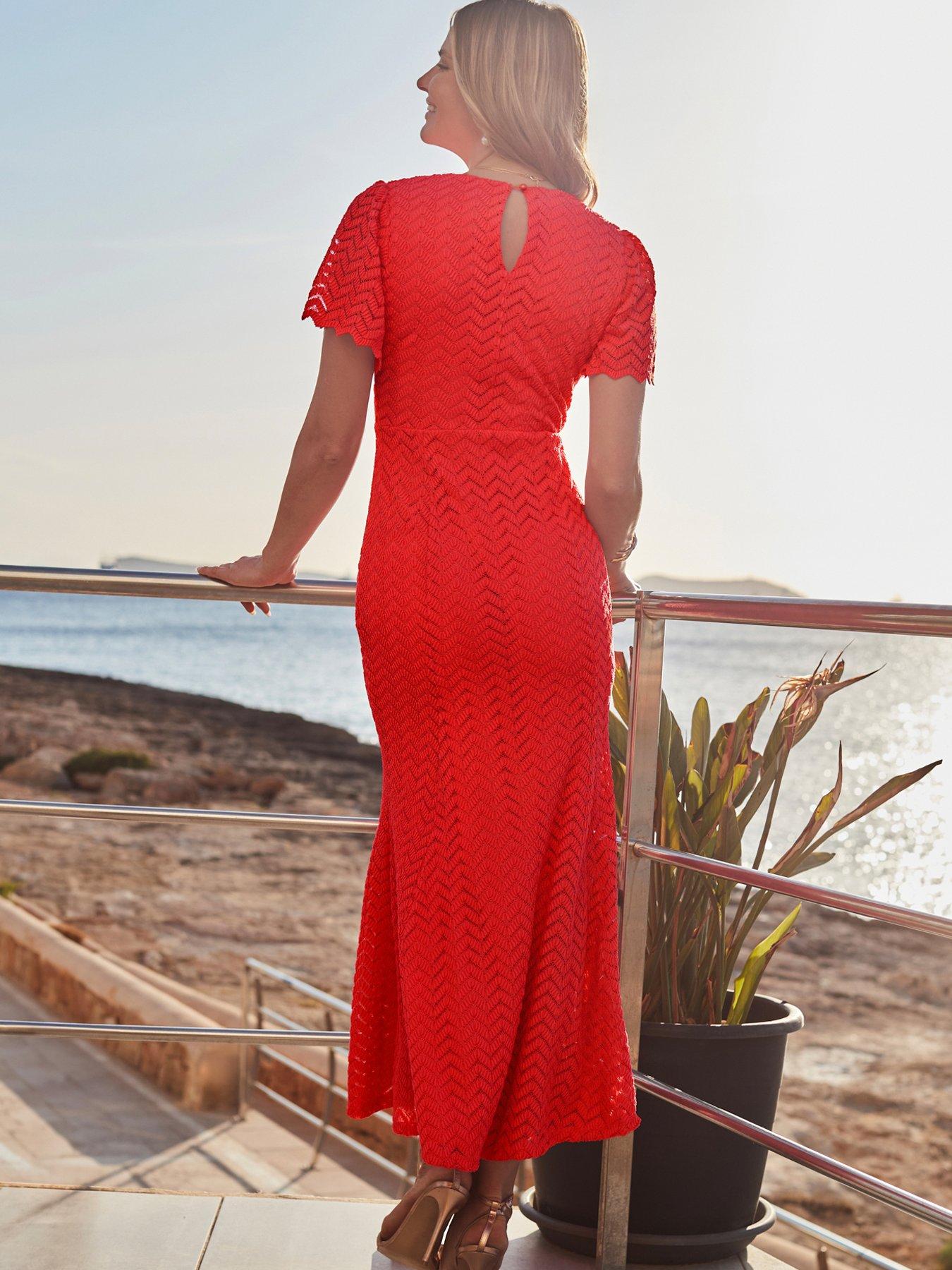 Image 2 of 5 of Sosandar Chevron Lace Angel Sleeve Midi Dress - Orange
