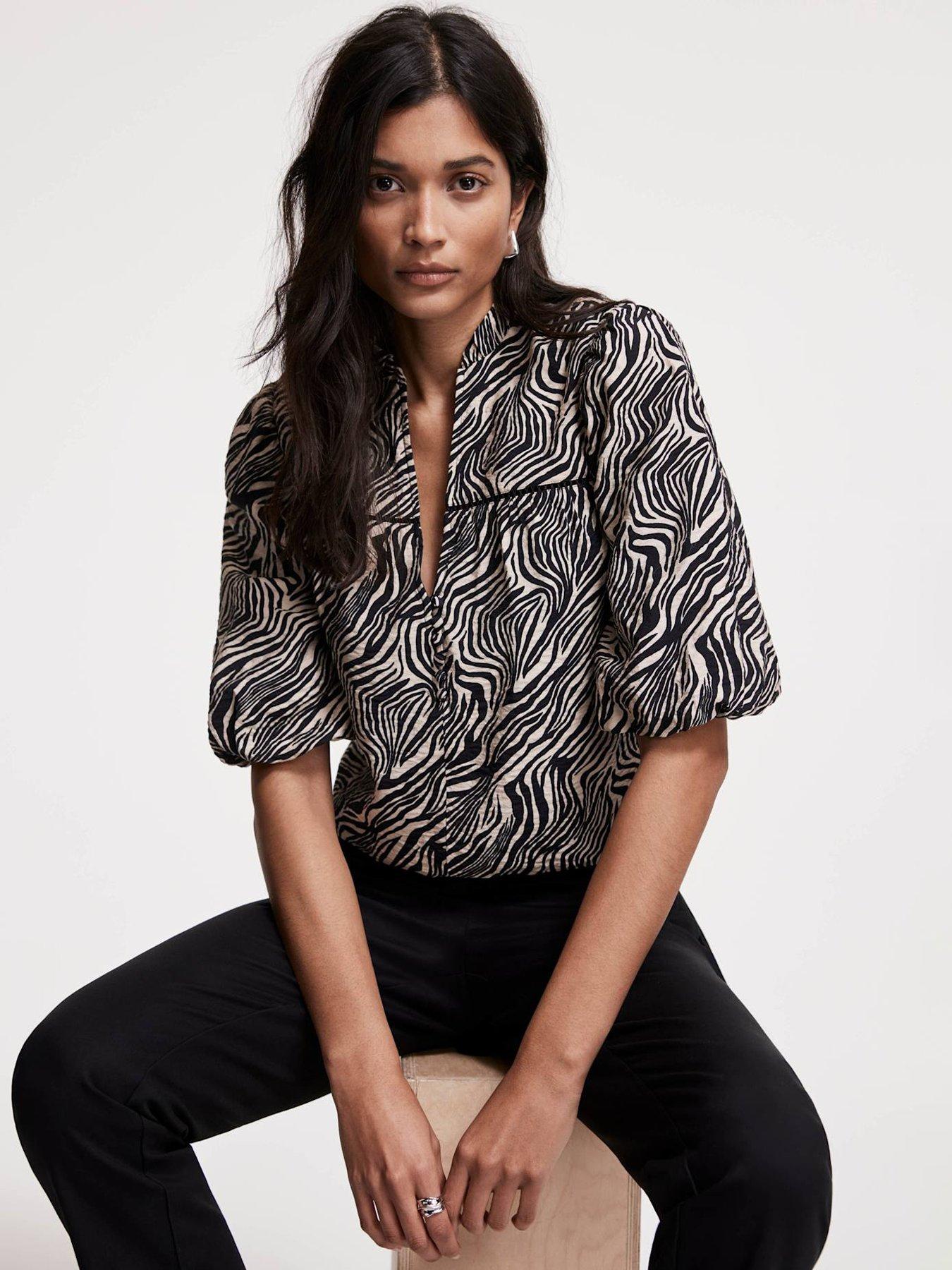 undefined Neutral Zebra Print Puff Sleeve Blouse - Black