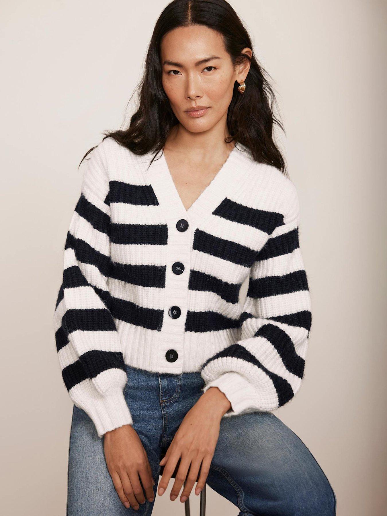 undefined Navy Stripe V Neck Cardigan - Cream