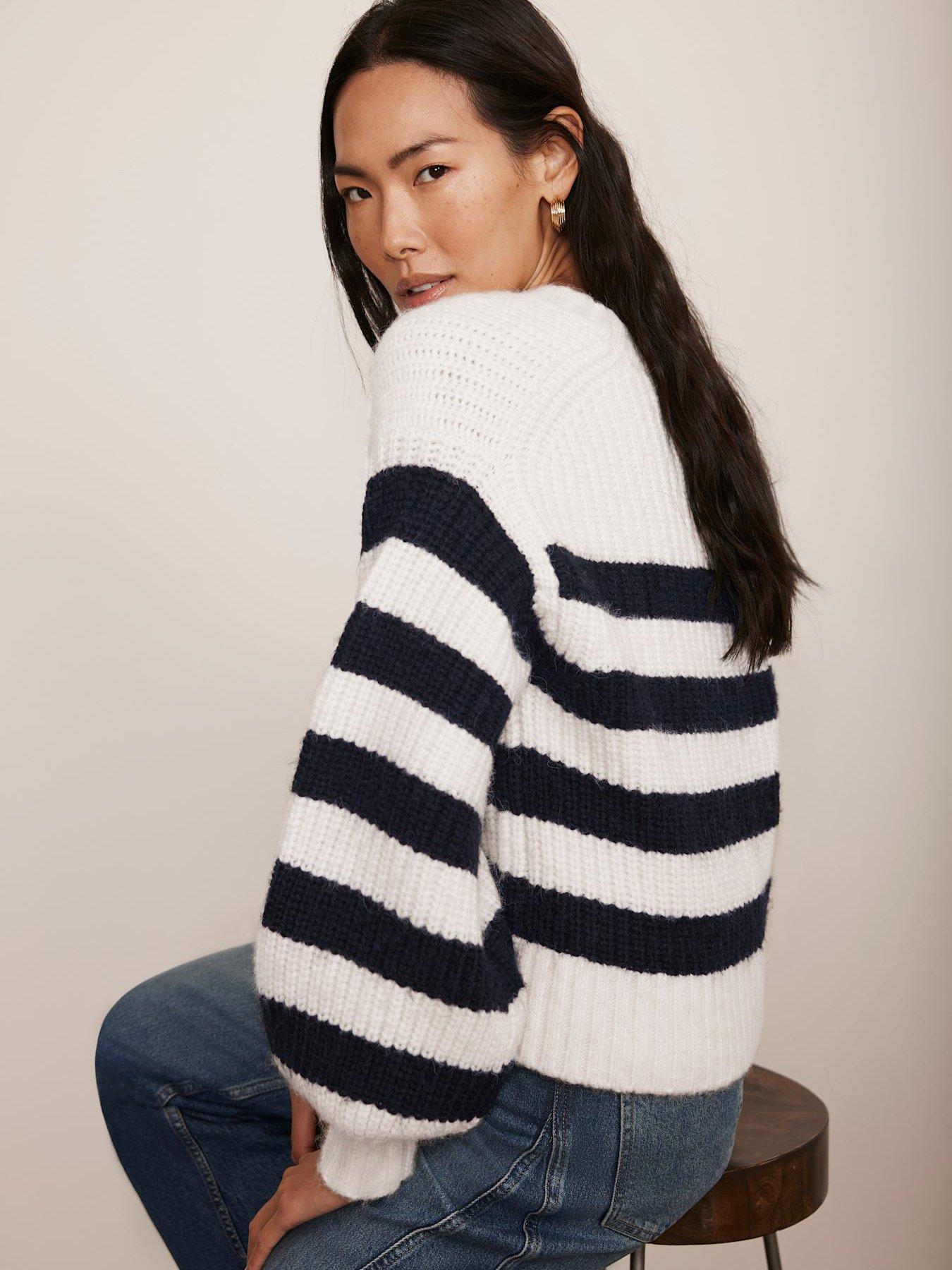 Image 2 of 6 of Mint Velvet Navy Stripe V Neck Cardigan - Cream