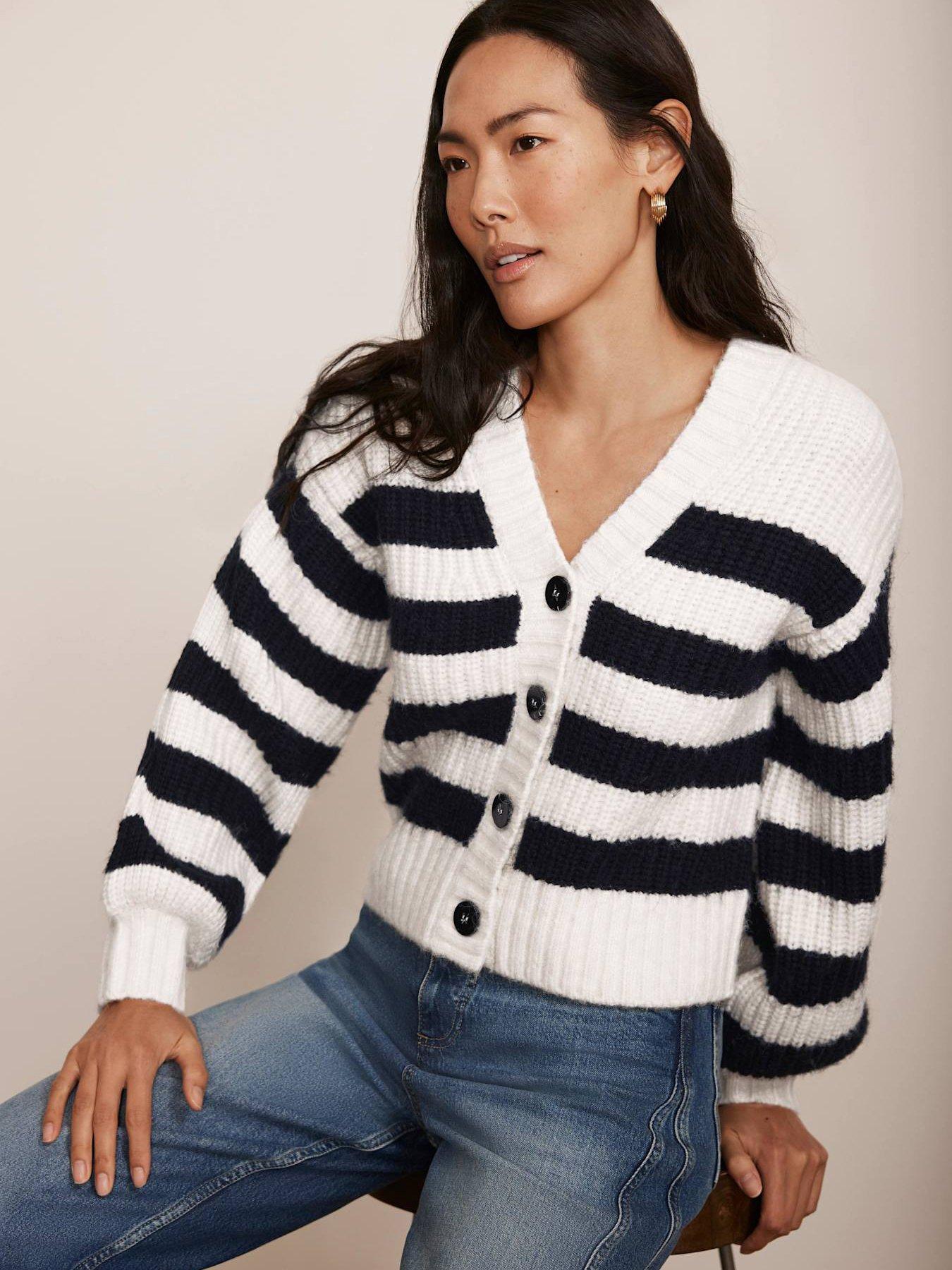 Image 3 of 6 of Mint Velvet Navy Stripe V Neck Cardigan - Cream