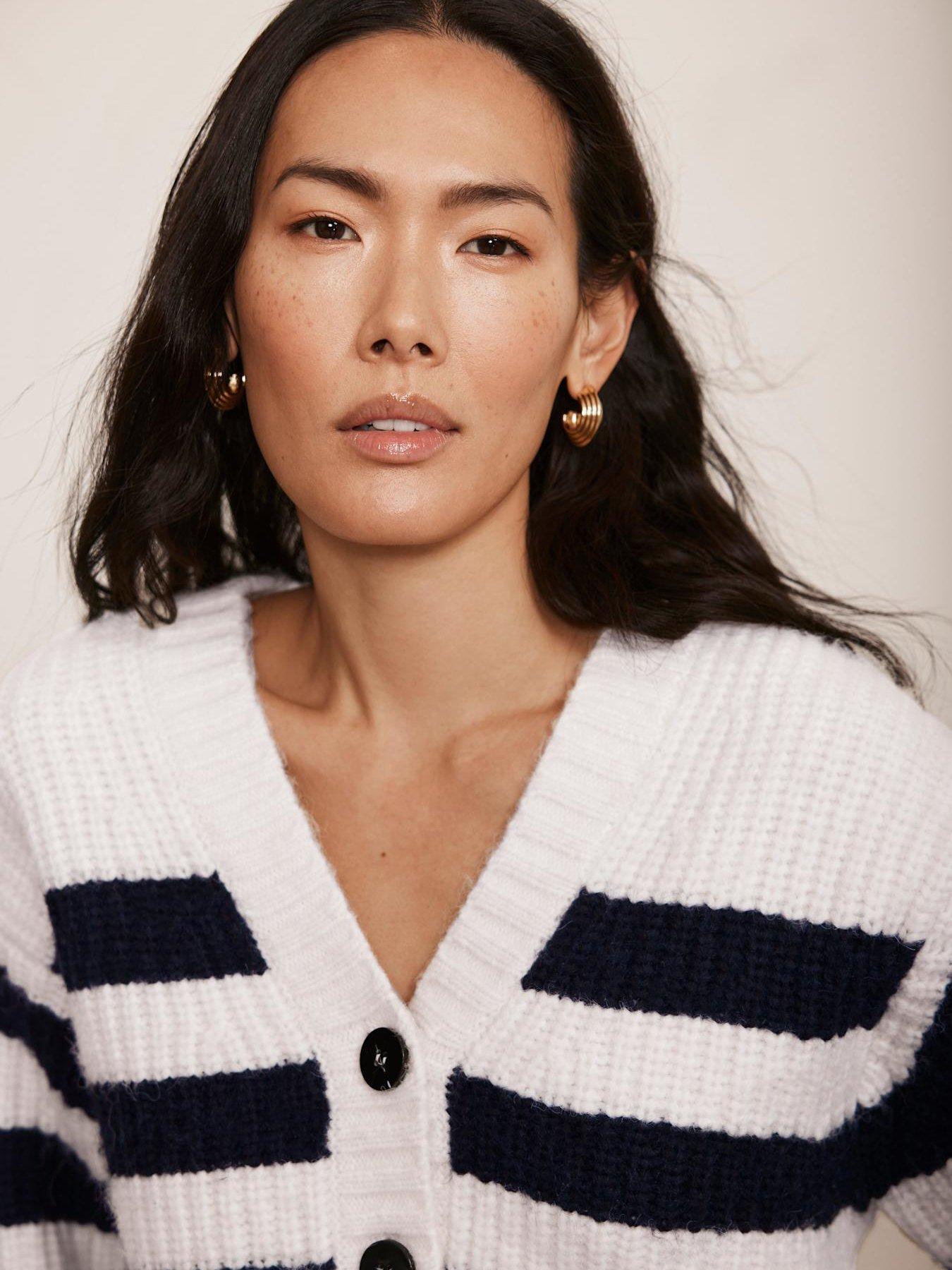 Image 4 of 6 of Mint Velvet Navy Stripe V Neck Cardigan - Cream