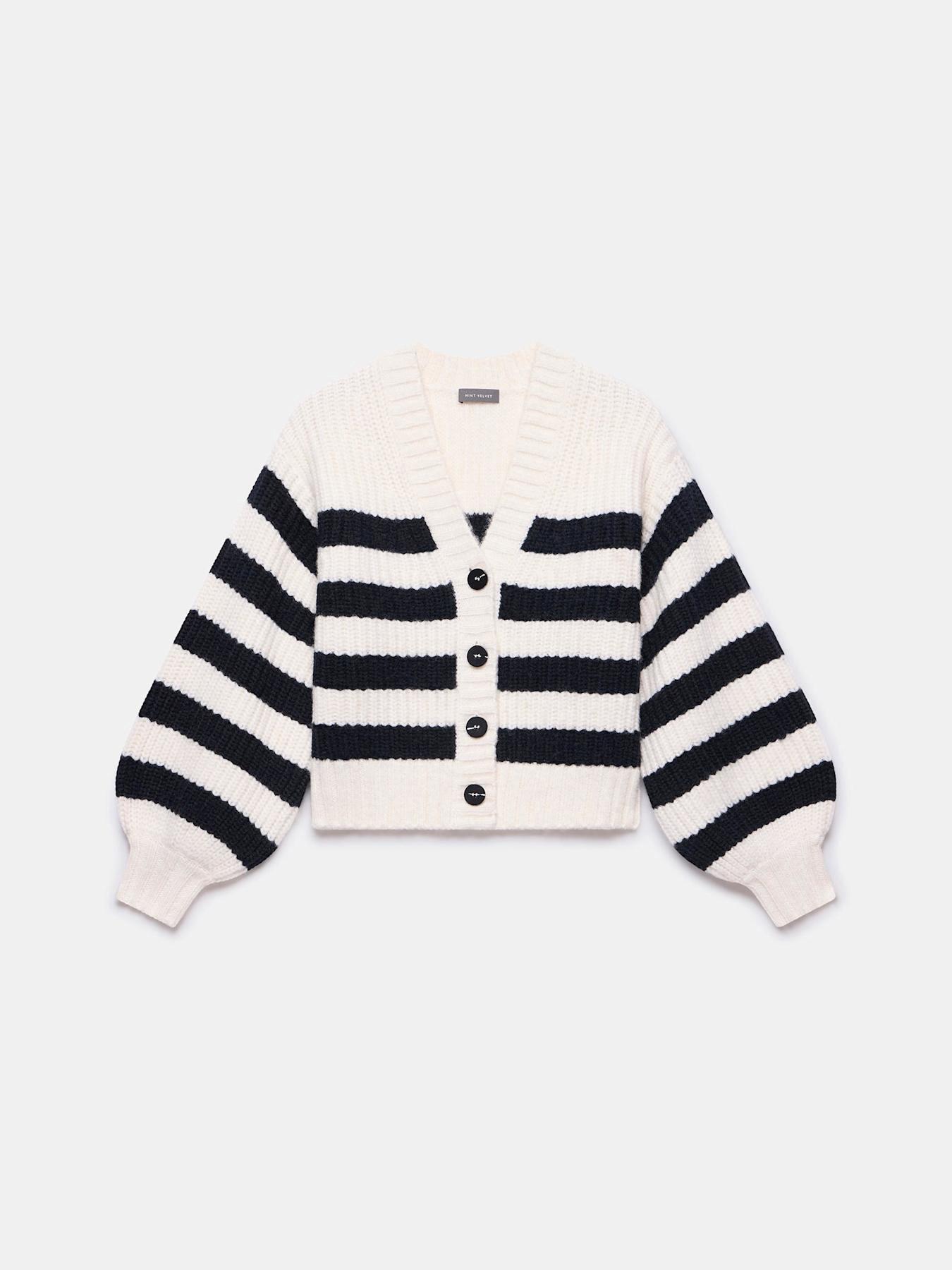 Image 5 of 6 of Mint Velvet Navy Stripe V Neck Cardigan - Cream