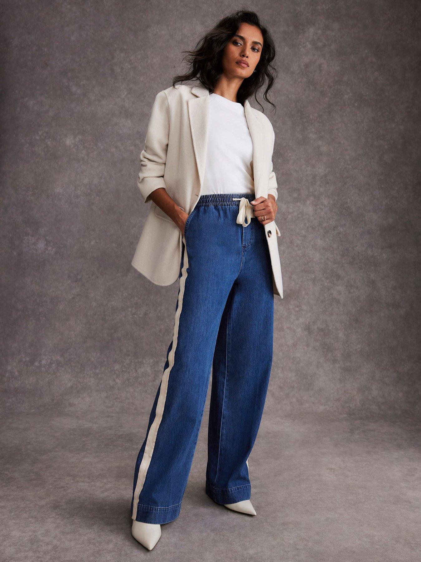 undefined Indigo Tie Waist Side Stripe Wide Jeans - Blue