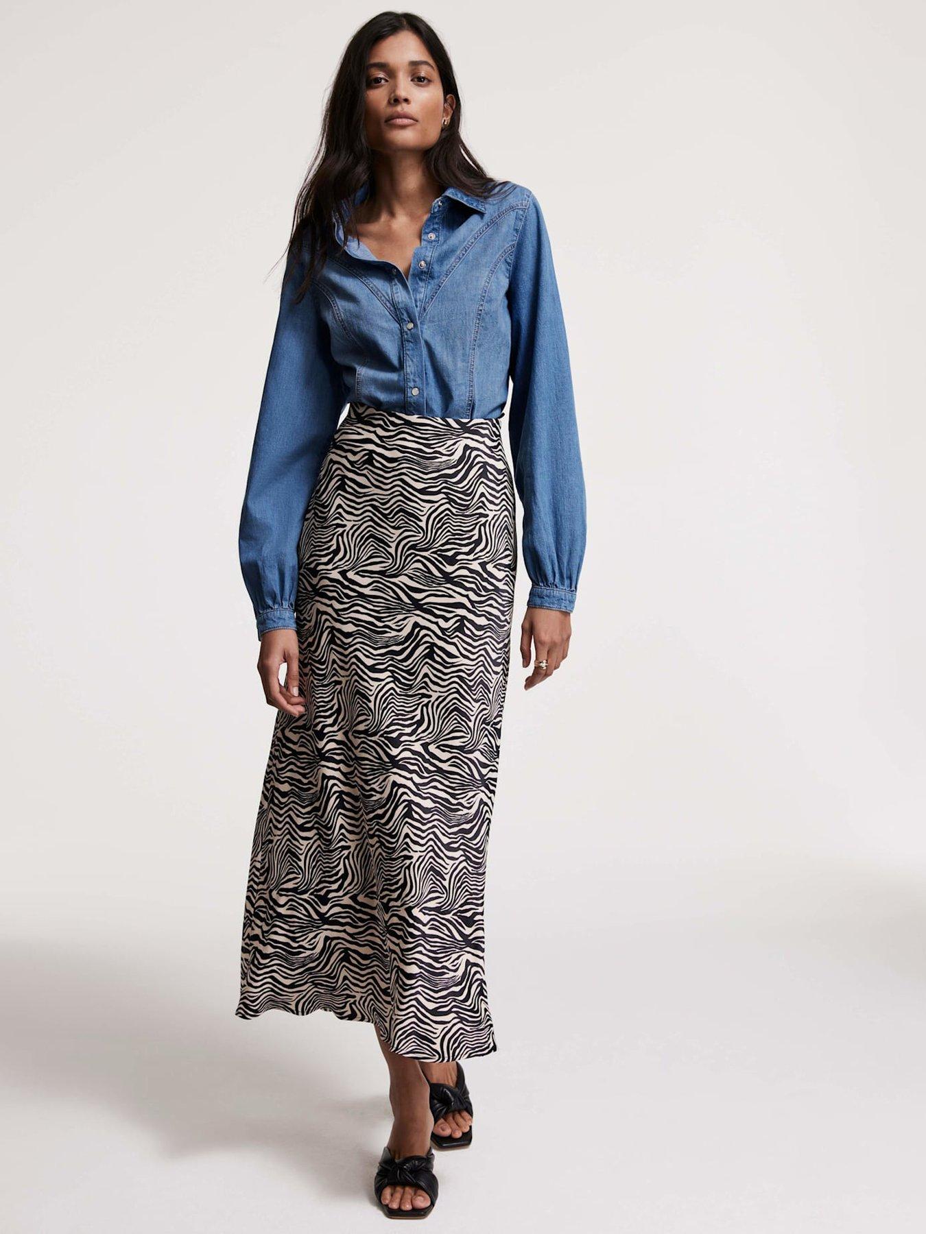undefined Zebra Print Satin Slip Midi Skirt - Black