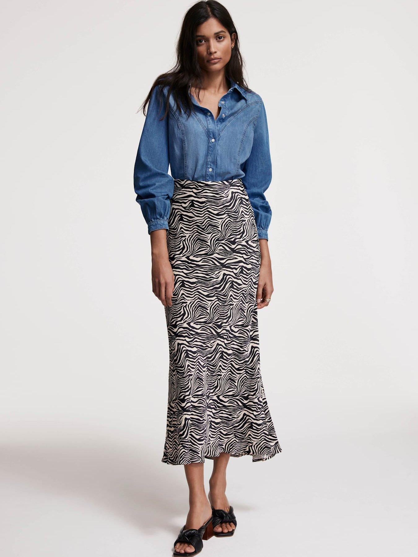 Image 2 of 6 of Mint Velvet Zebra Print Satin Slip Midi Skirt - Black