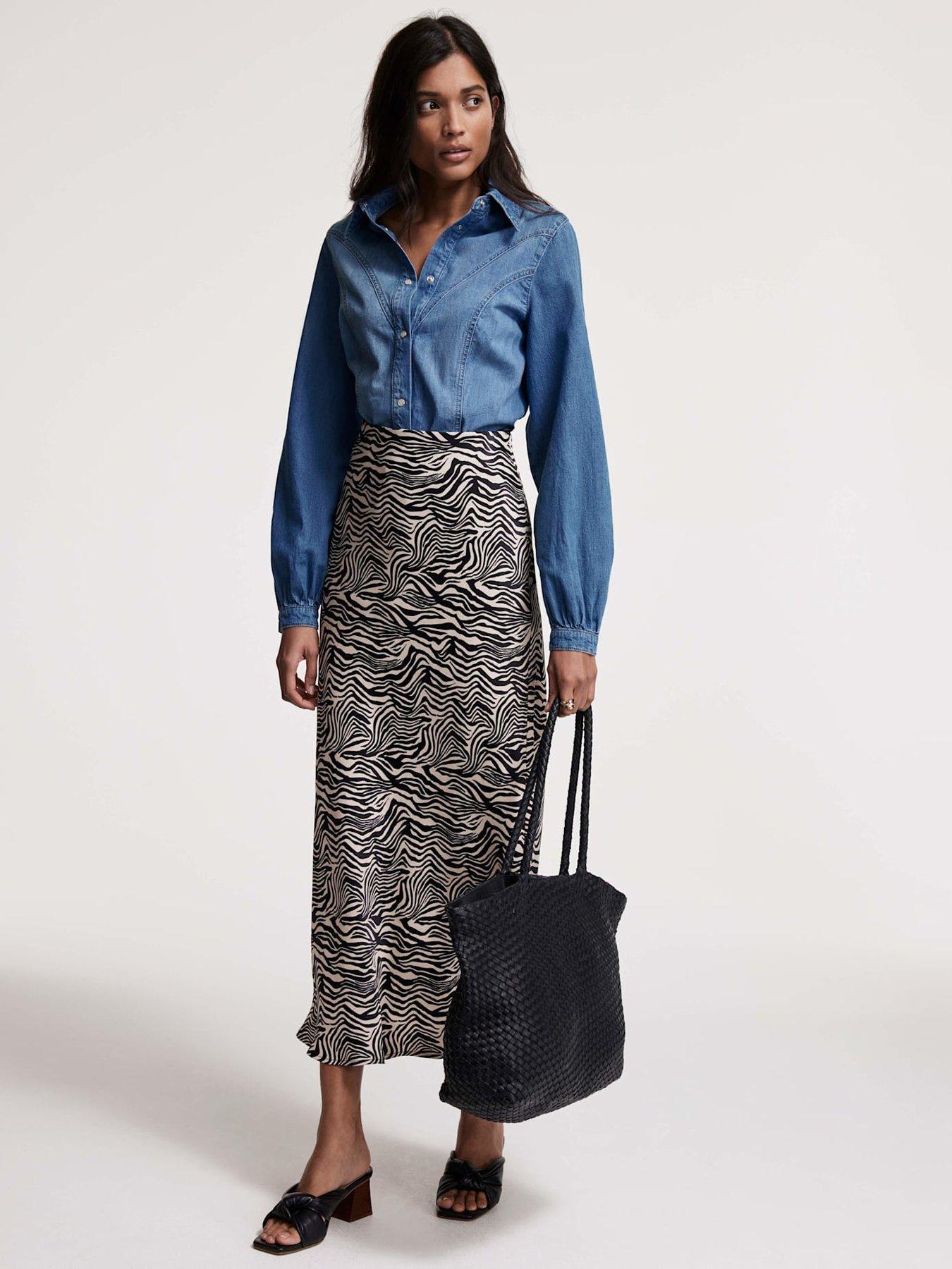 Image 3 of 6 of Mint Velvet Zebra Print Satin Slip Midi Skirt - Black