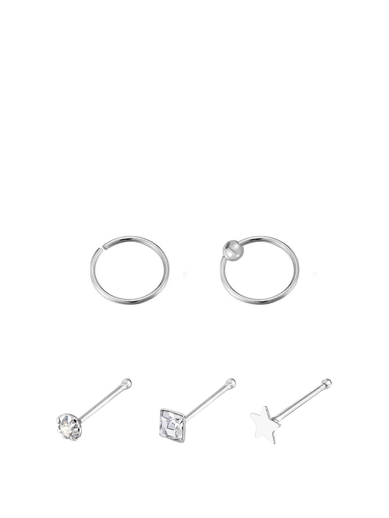 undefined Set of 5 Sterling Silver Nose Studs - Star, CZ, 2 Hoops, CZ Square