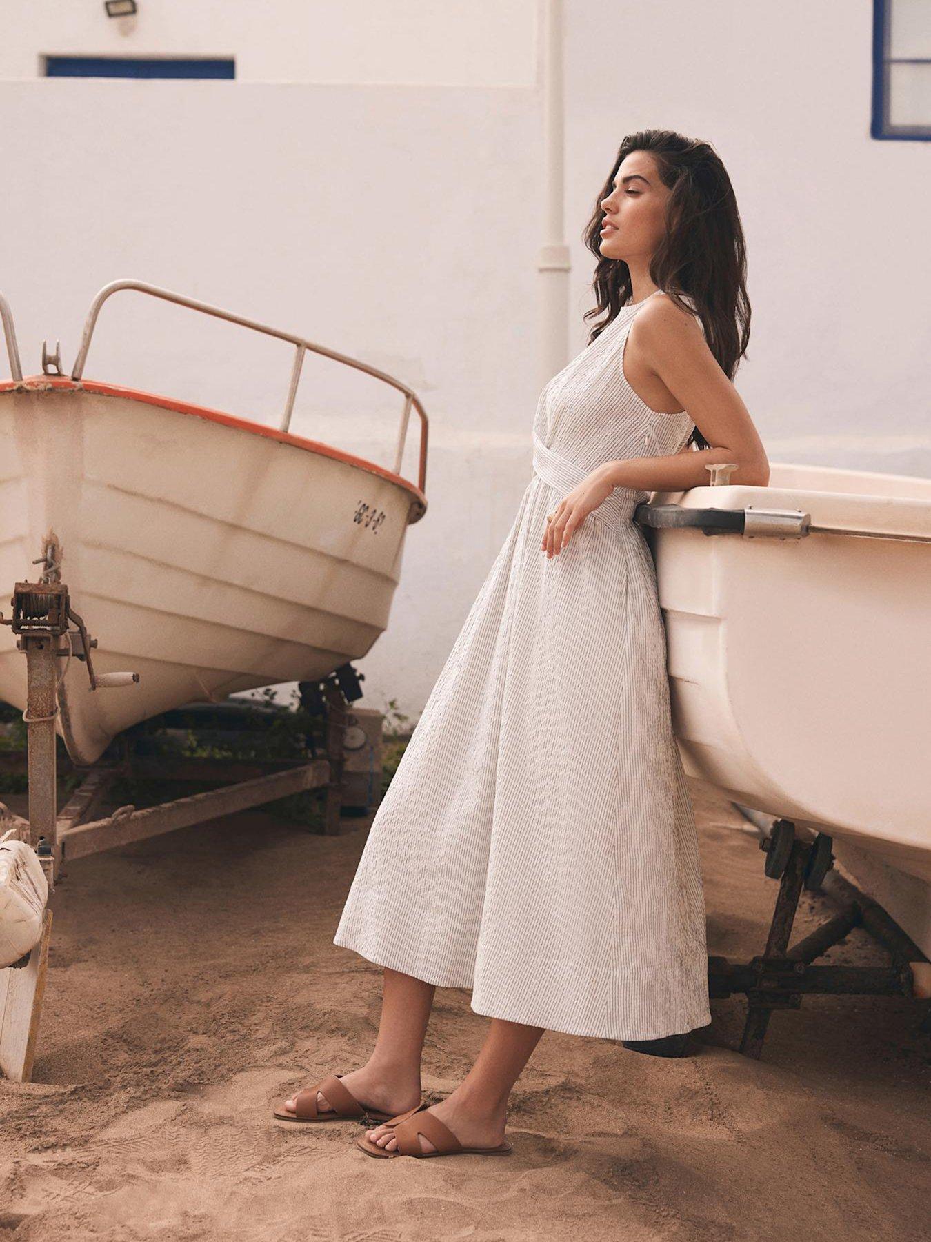 Image 1 of 4 of Mint Velvet Neutral Striped Midi Dress - Beige