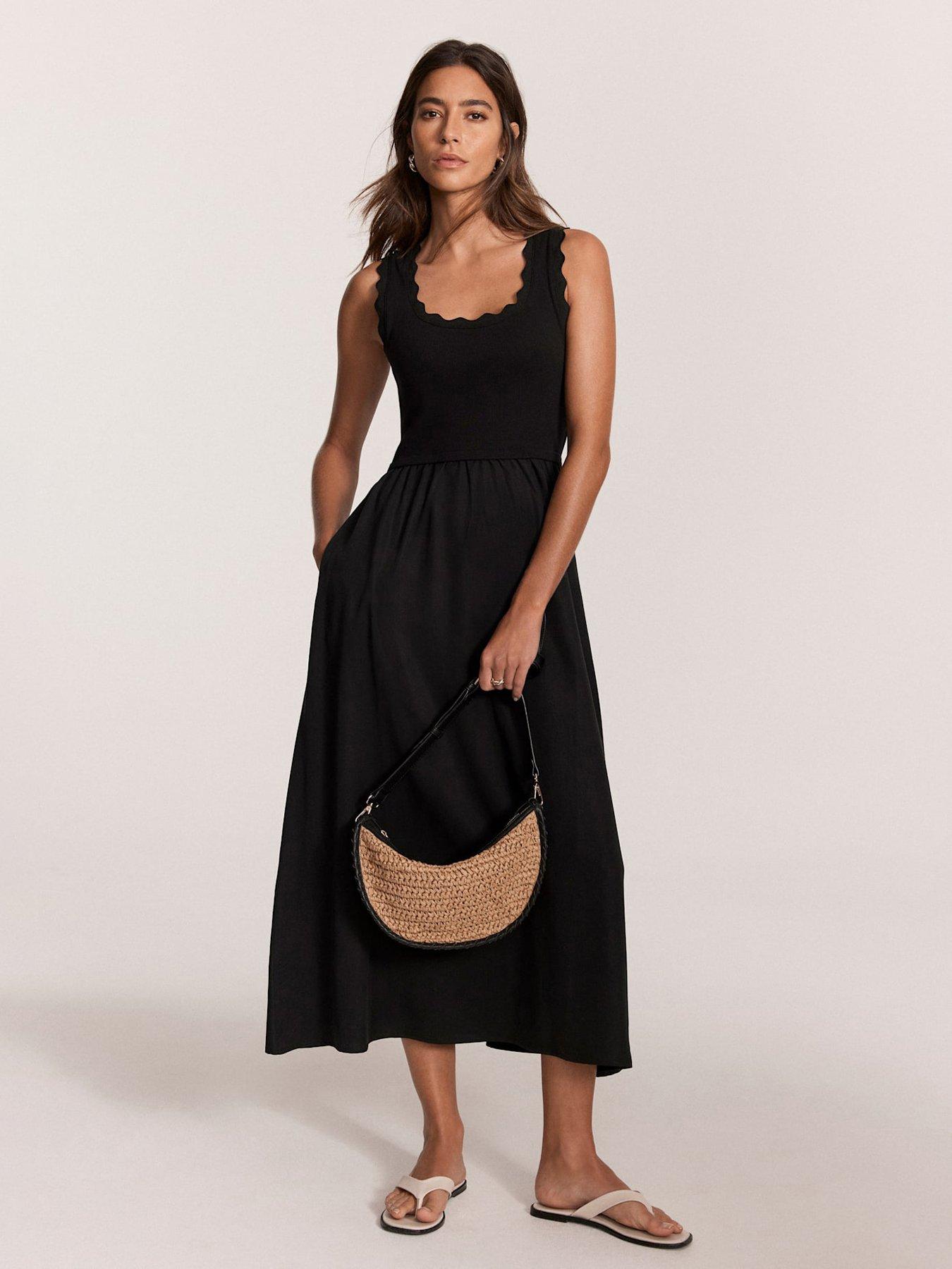 undefined Scallop Trim Midi Dress - Black