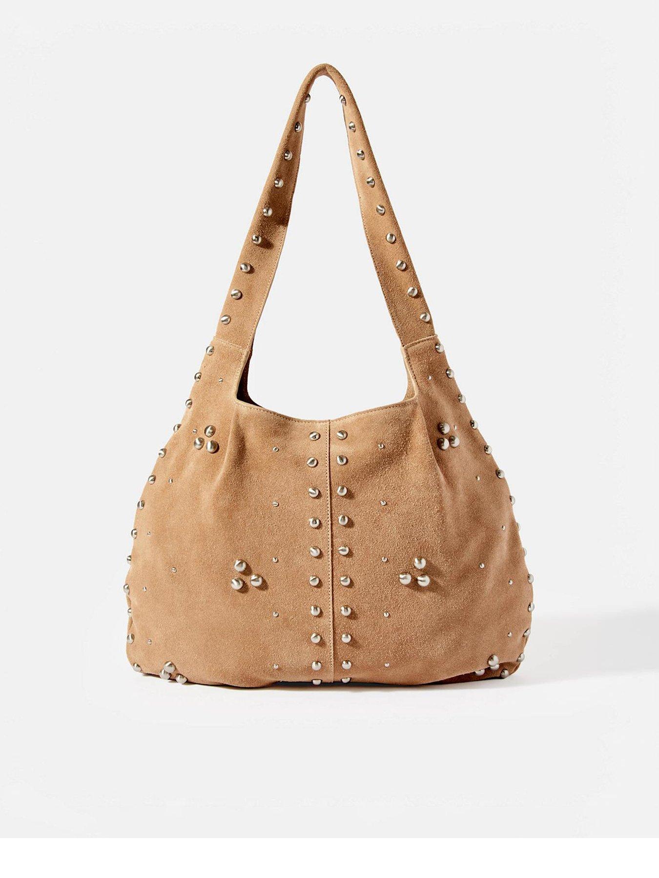 undefined Neutral Suede Studded Bag - Beige