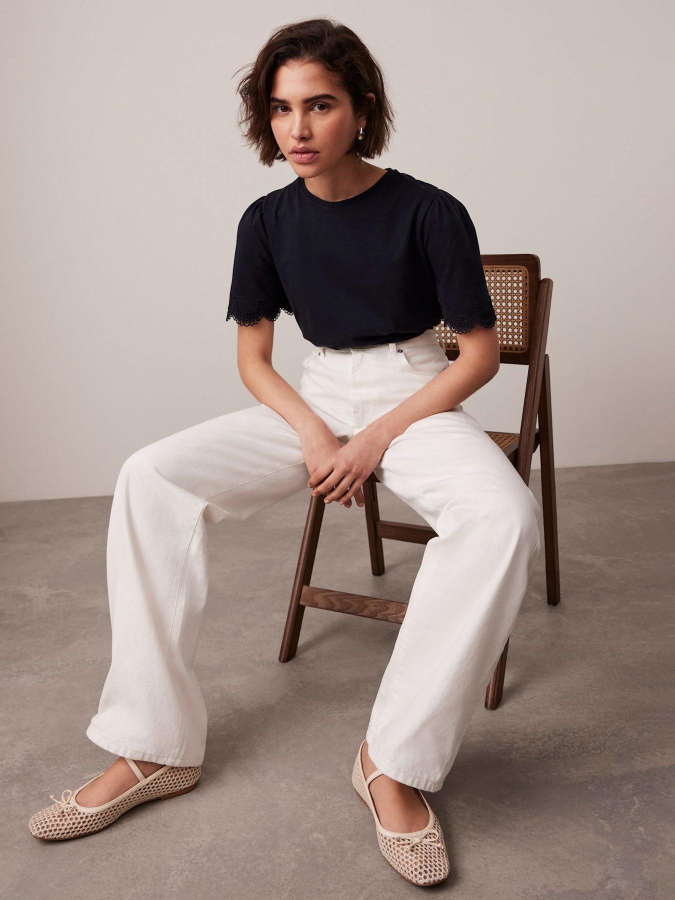 Image 1 of 5 of Mint Velvet Cotton Lace Trim T-Shirt - Navy