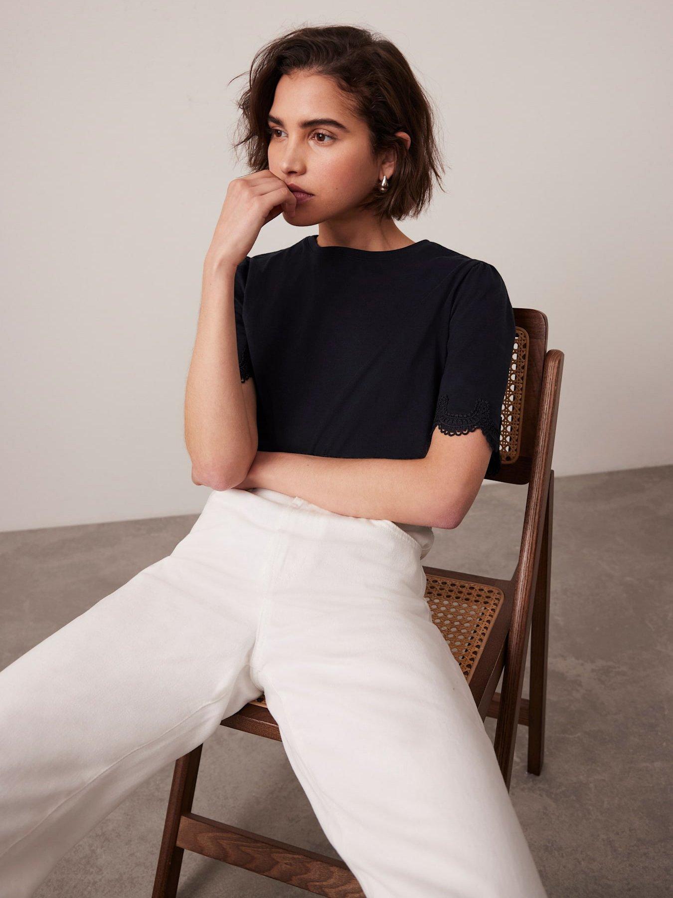 Image 2 of 5 of Mint Velvet Cotton Lace Trim T-Shirt - Navy