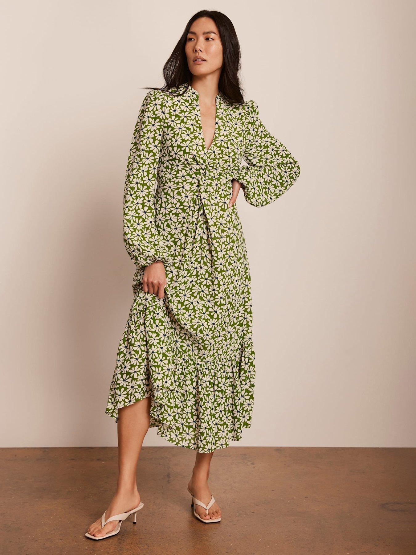 mint velvet green floral print midi dress Cream Floral Print Drop Waist Midi Dress  Mint Velvet