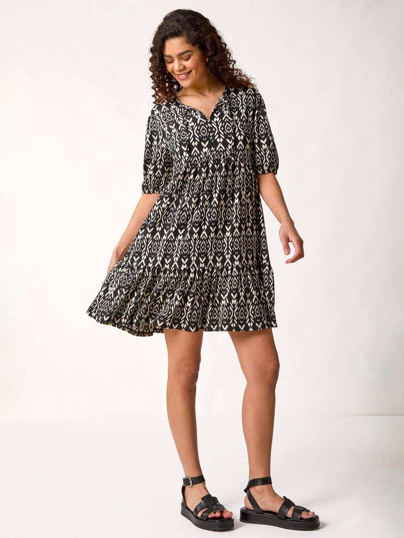 undefined Aztec Tie Front Smock Dress - Black