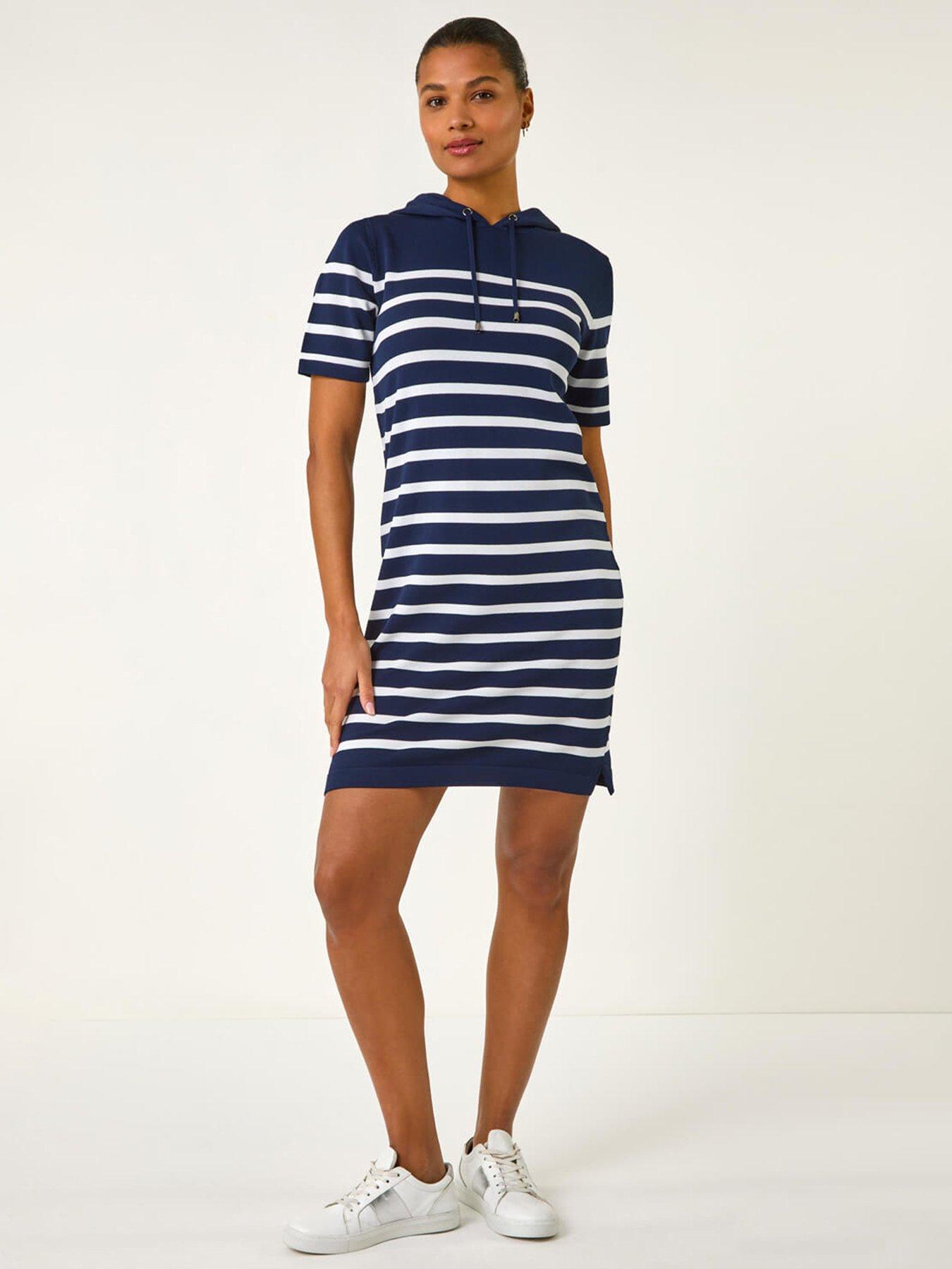 undefined Stripe Hooded Knit Dress - Navy