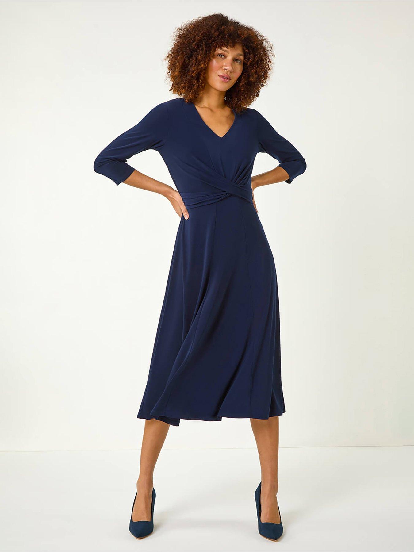 undefined Stretch Crossover Midi Dress - Navy