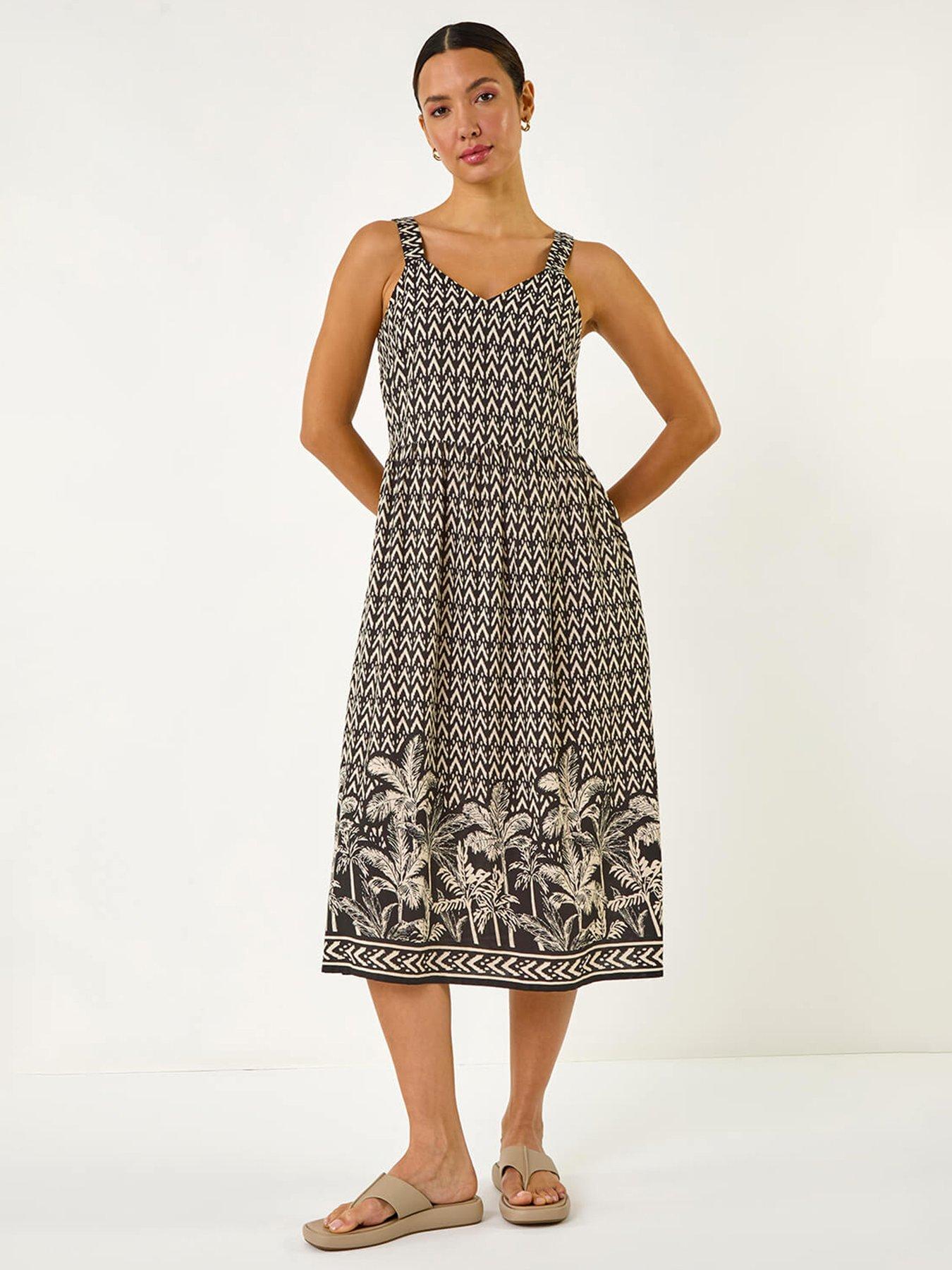 undefined Palm Border Strap Midi Sundress - Black