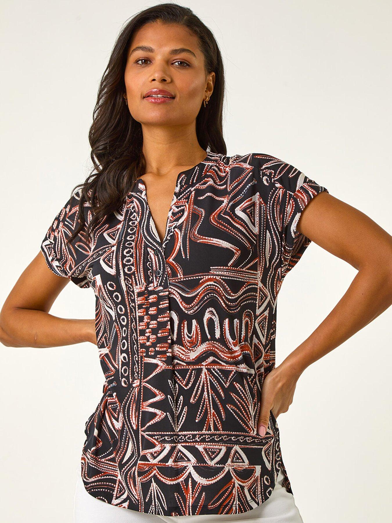 roman-textured-ikat-print-stretch-top-rust