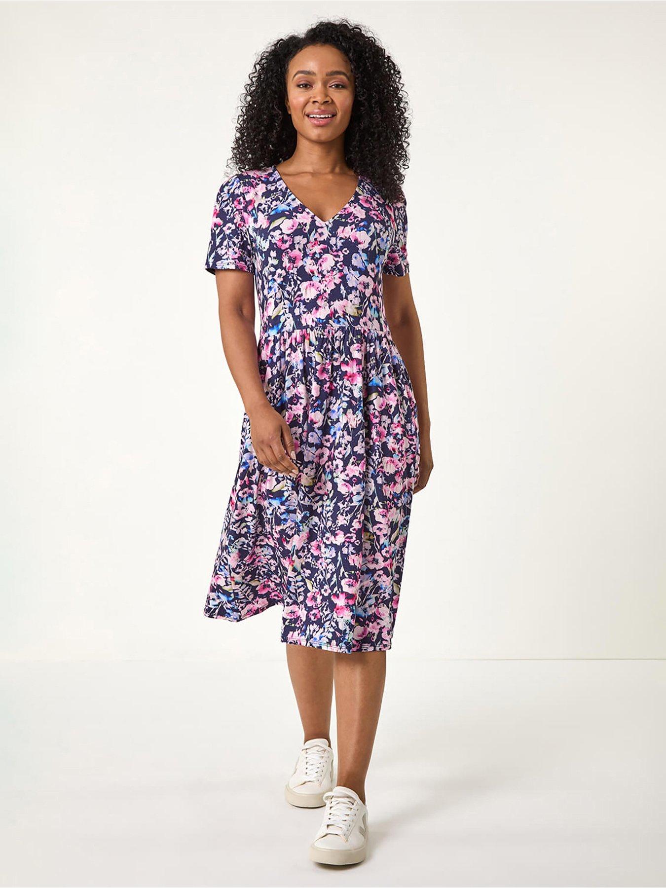 Roman Petite Floral Pocket Midi Dress - Navy