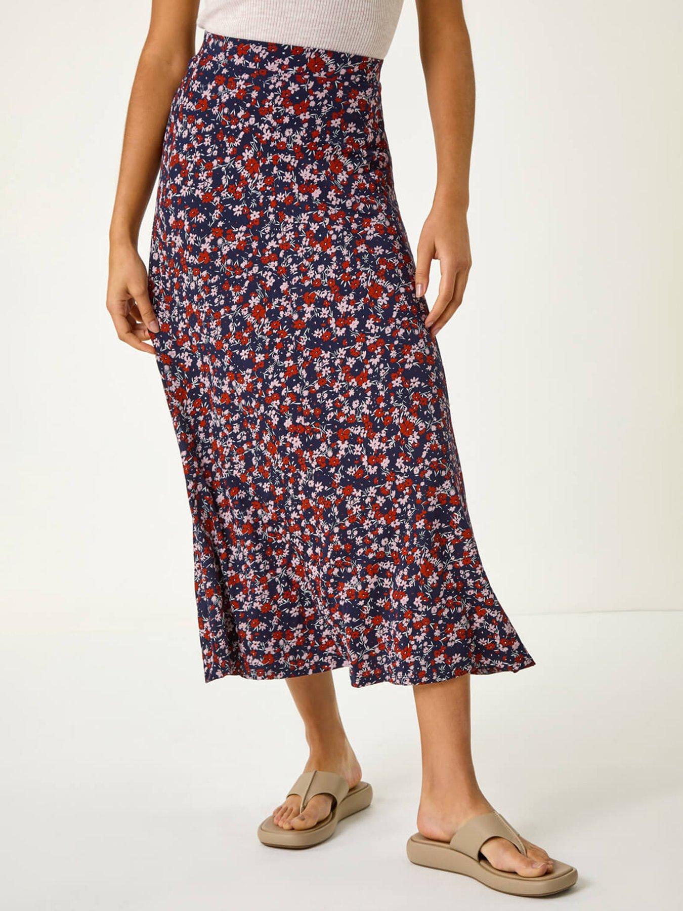 undefined Ditsy Floral Stretch Midi Skirt - Navy