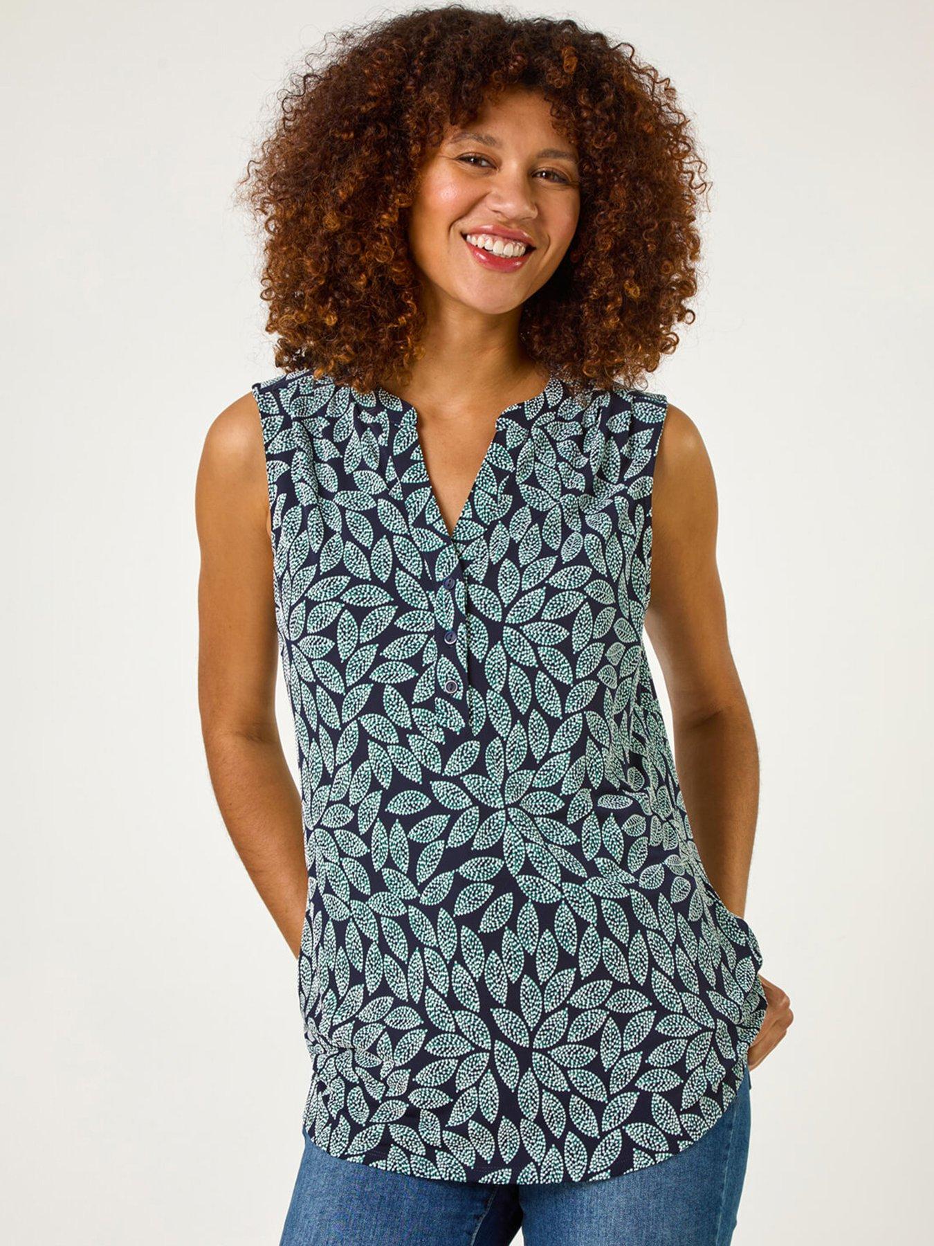 Roman Textured Leaf Print Stretch Top, Blue, Size 18, Women
