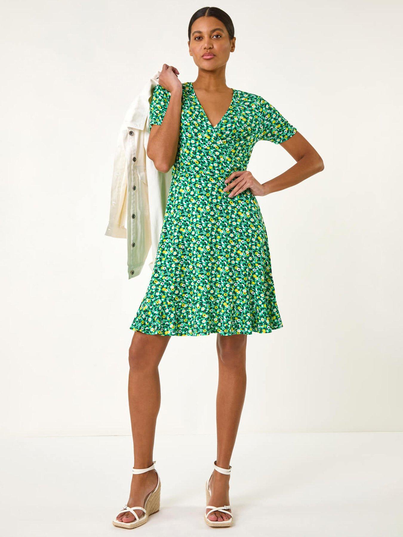 undefined Ditsy Floral Wrap Frill Dress - Green