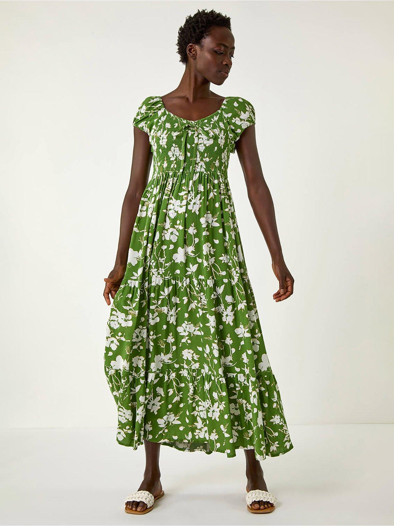 Image 1 of 5 of Roman Floral Print Tiered Maxi Dress - Green