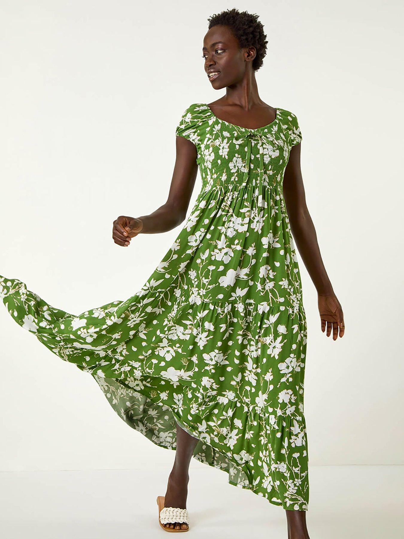 Image 3 of 5 of Roman Floral Print Tiered Maxi Dress - Green