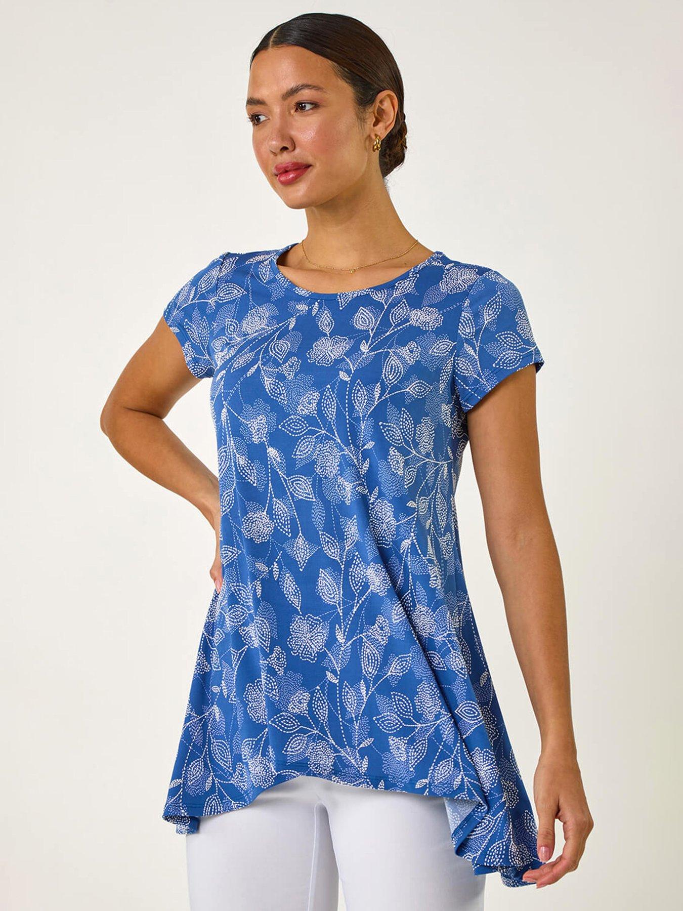 undefined Textured Floral Print Tunic Top - Blue