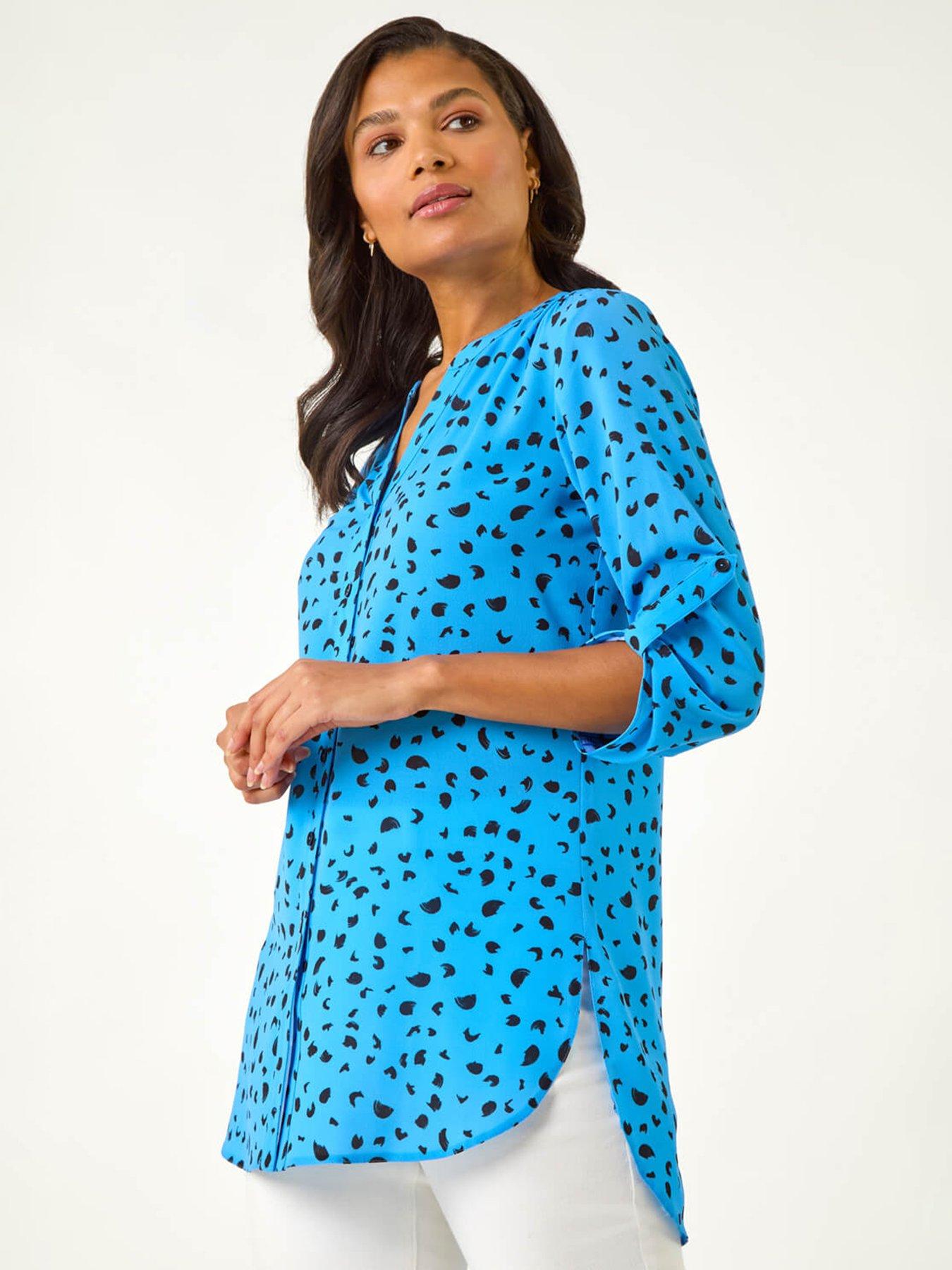 Roman Spot Print V-neck Button Blouse - Blue