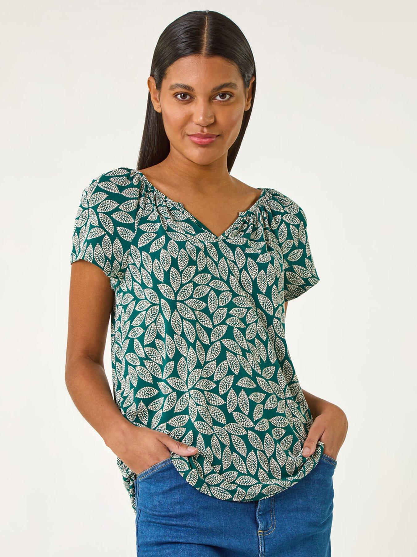 undefined Textured Leaf Print Stretch Top - Teal
