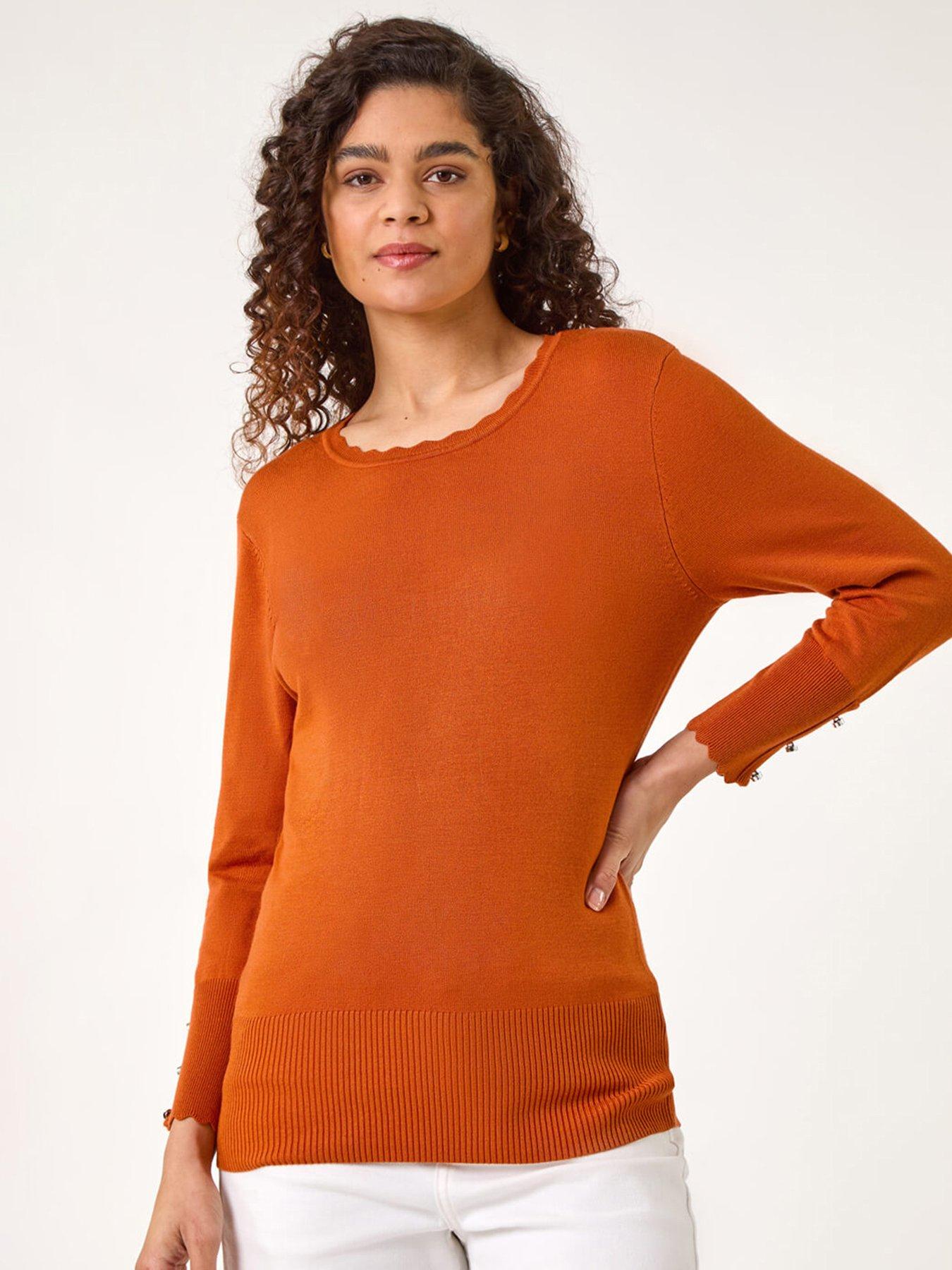 undefined Scallop Neck Button Knit Jumper - Orange