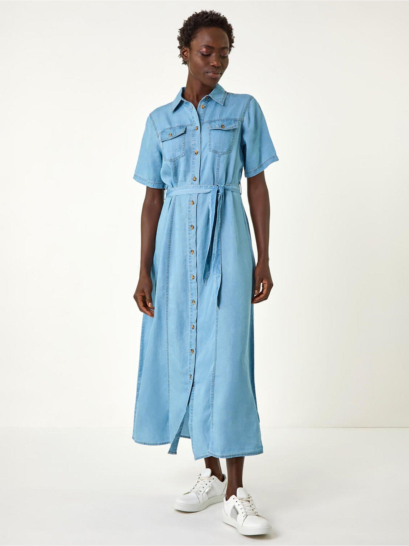 Roman Button Through Midi Dress - Light Denim