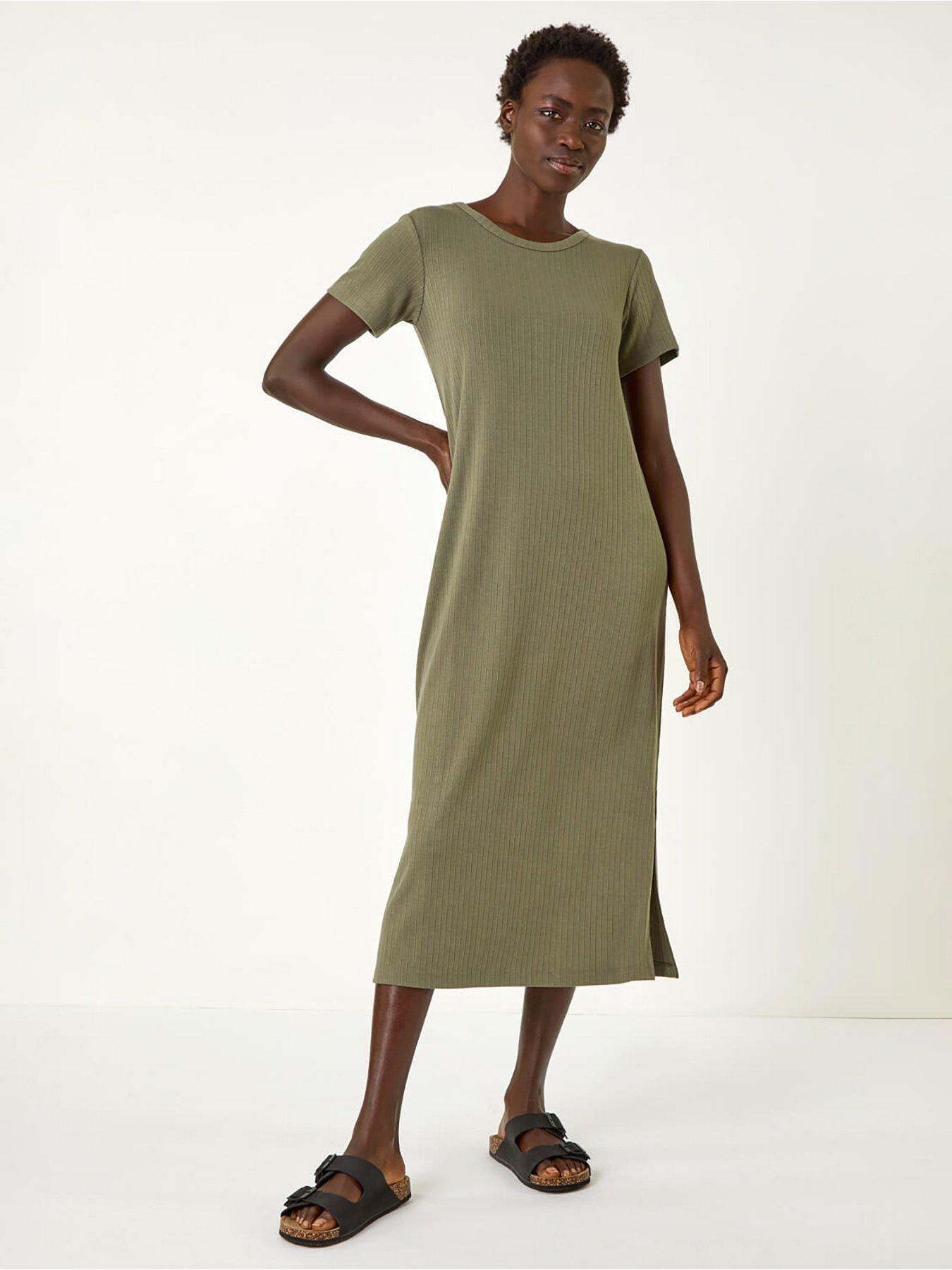 undefined Ribbed Stretch Midi Dress - Khaki