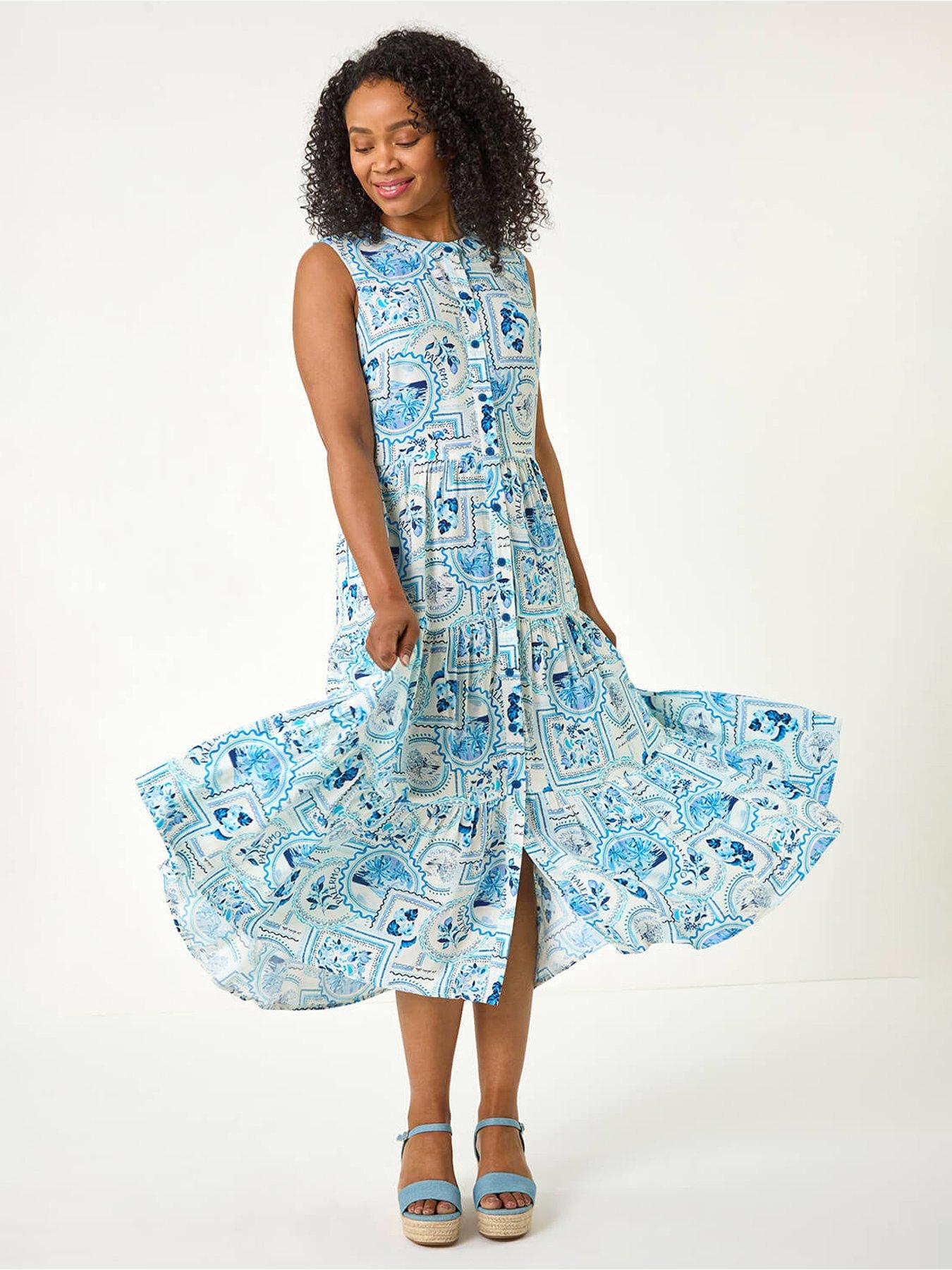 undefined Petite Postcard Print Midi Dress - Blue