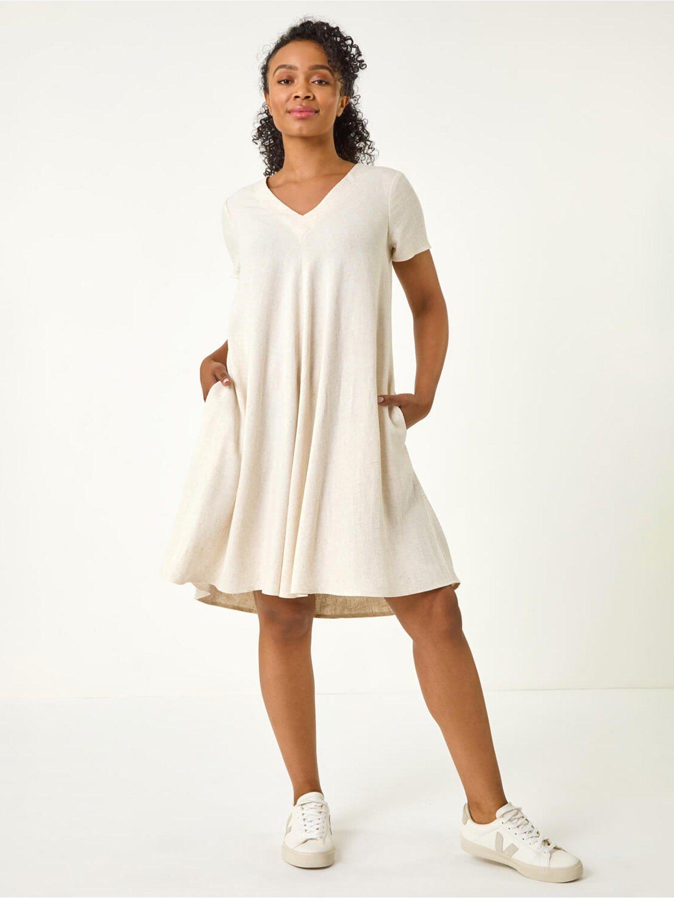 undefined Petite V-neck Swing Pocket Dress - Natural