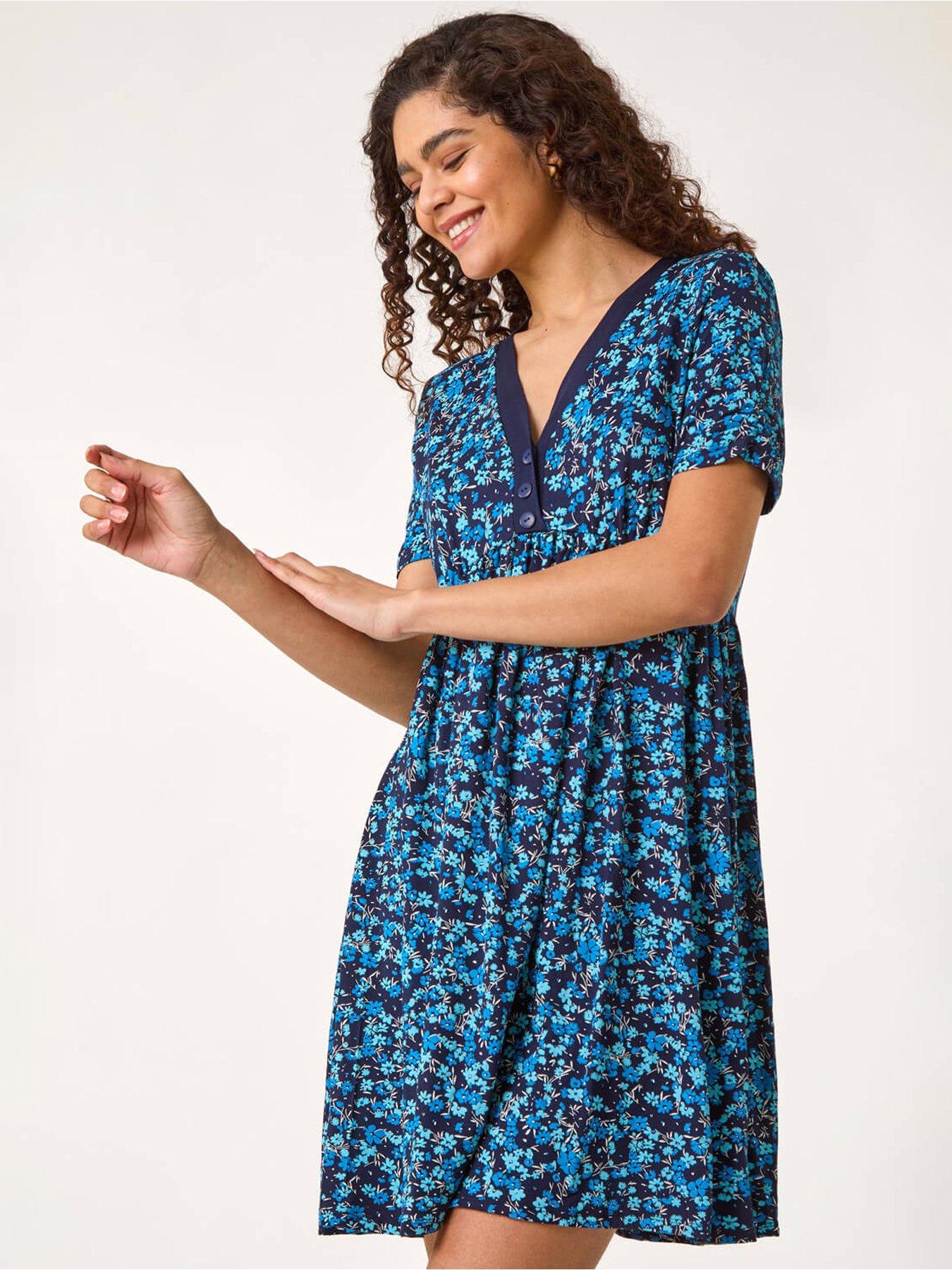 undefined Floral Print Contrast Band Dress - Navy