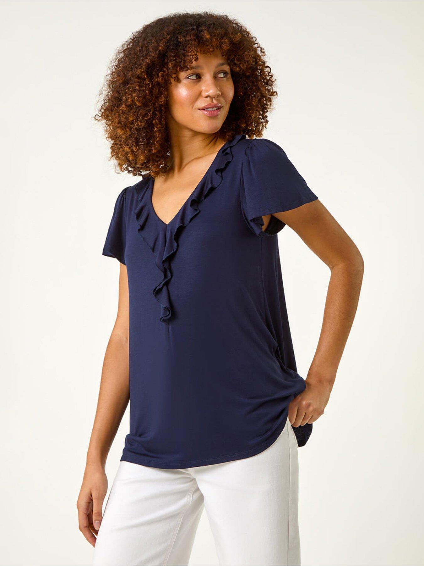 undefined Ruffle Front Stretch Top - Navy
