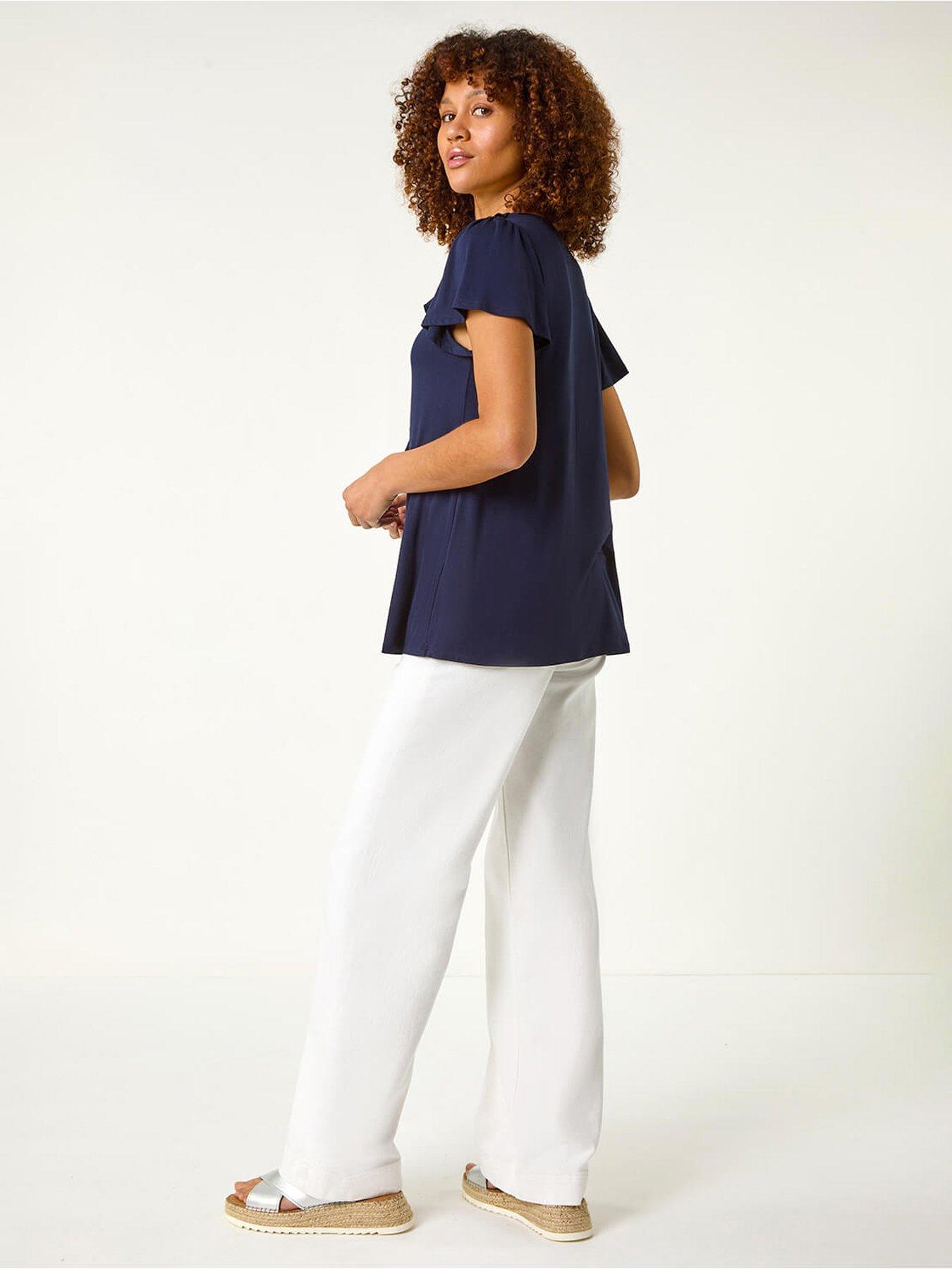 Image 2 of 5 of Roman Ruffle Front Stretch Top - Navy