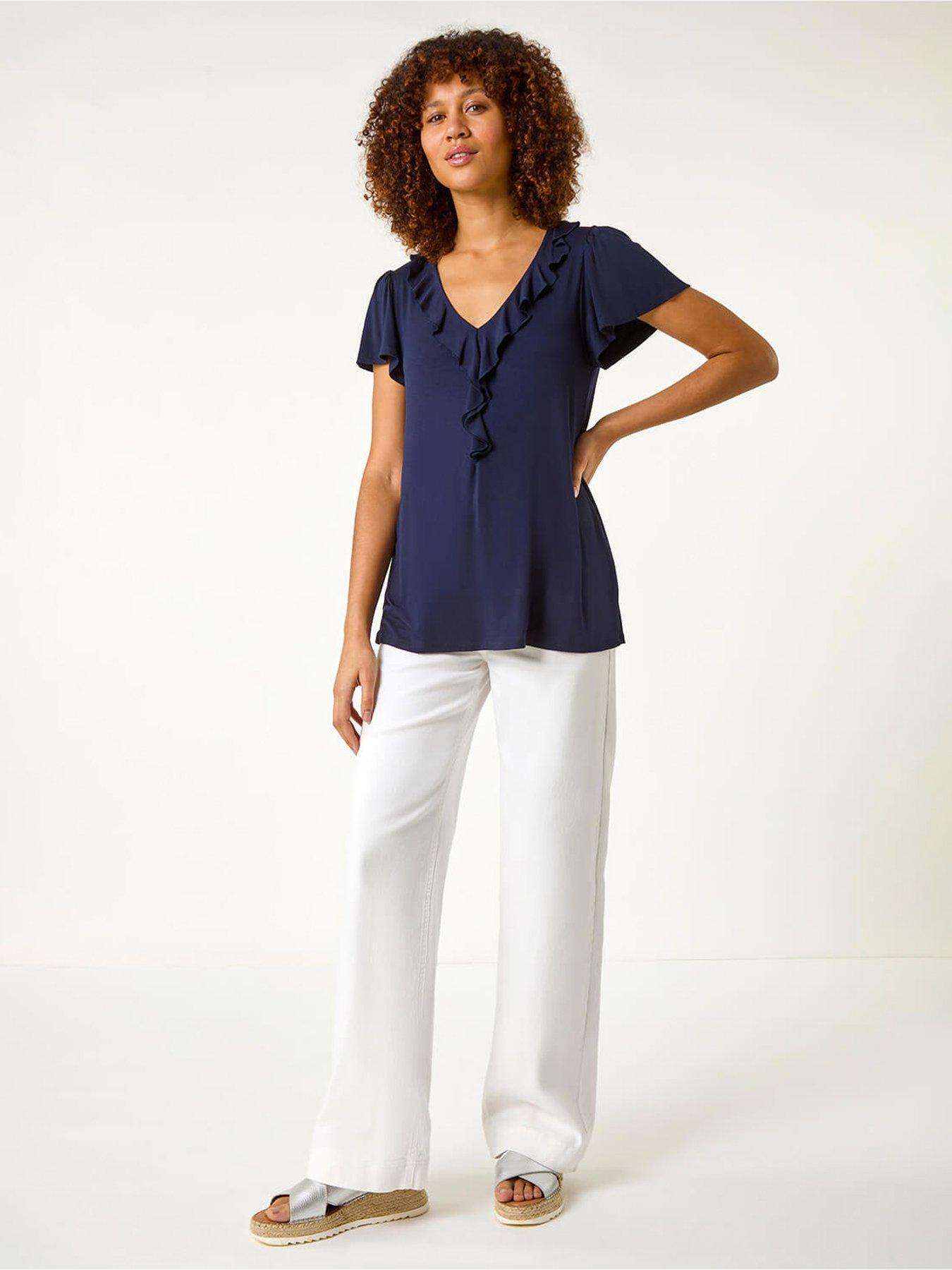 Image 3 of 5 of Roman Ruffle Front Stretch Top - Navy